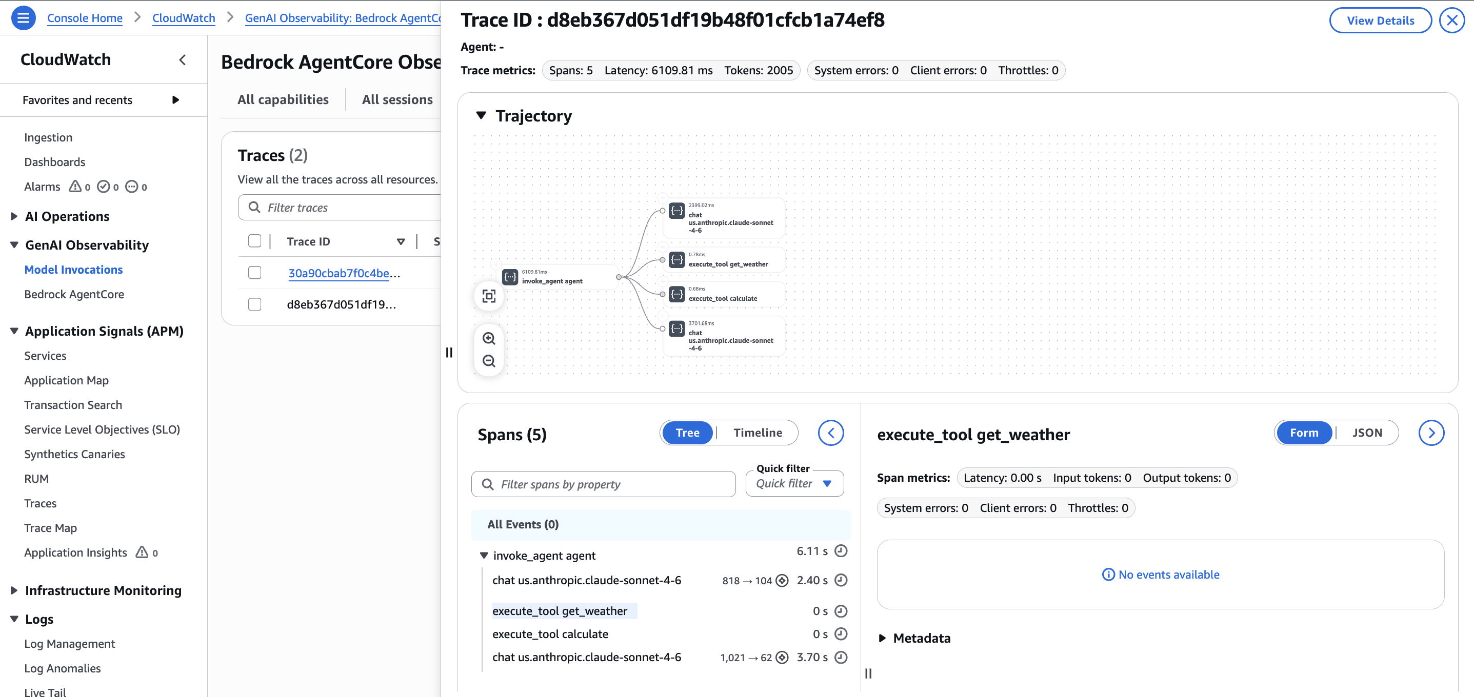 Bedrock AgentCore Observability trace view with trajectory graph and span details