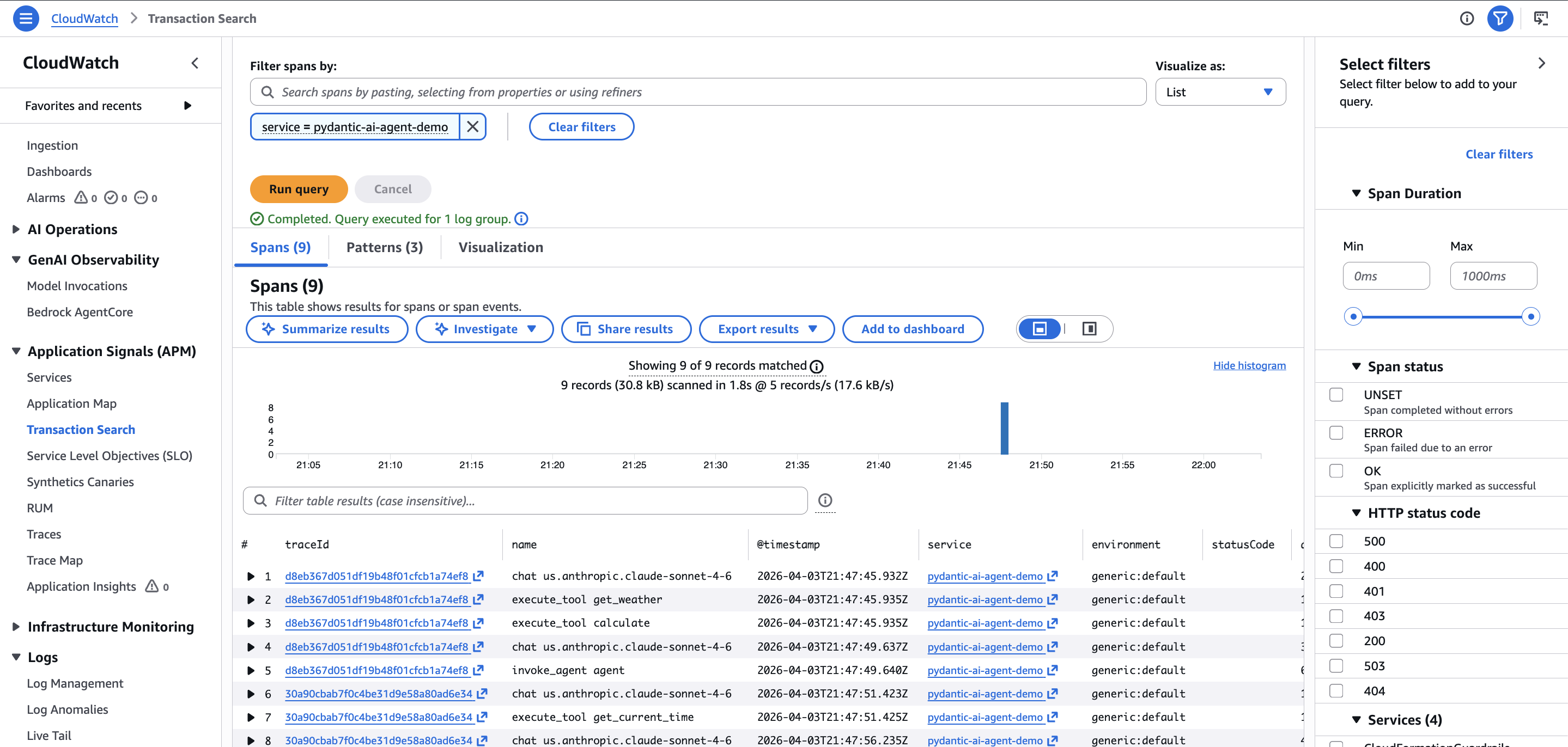 CloudWatch Transaction Search showing spans for the pydantic-ai-agent-demo service