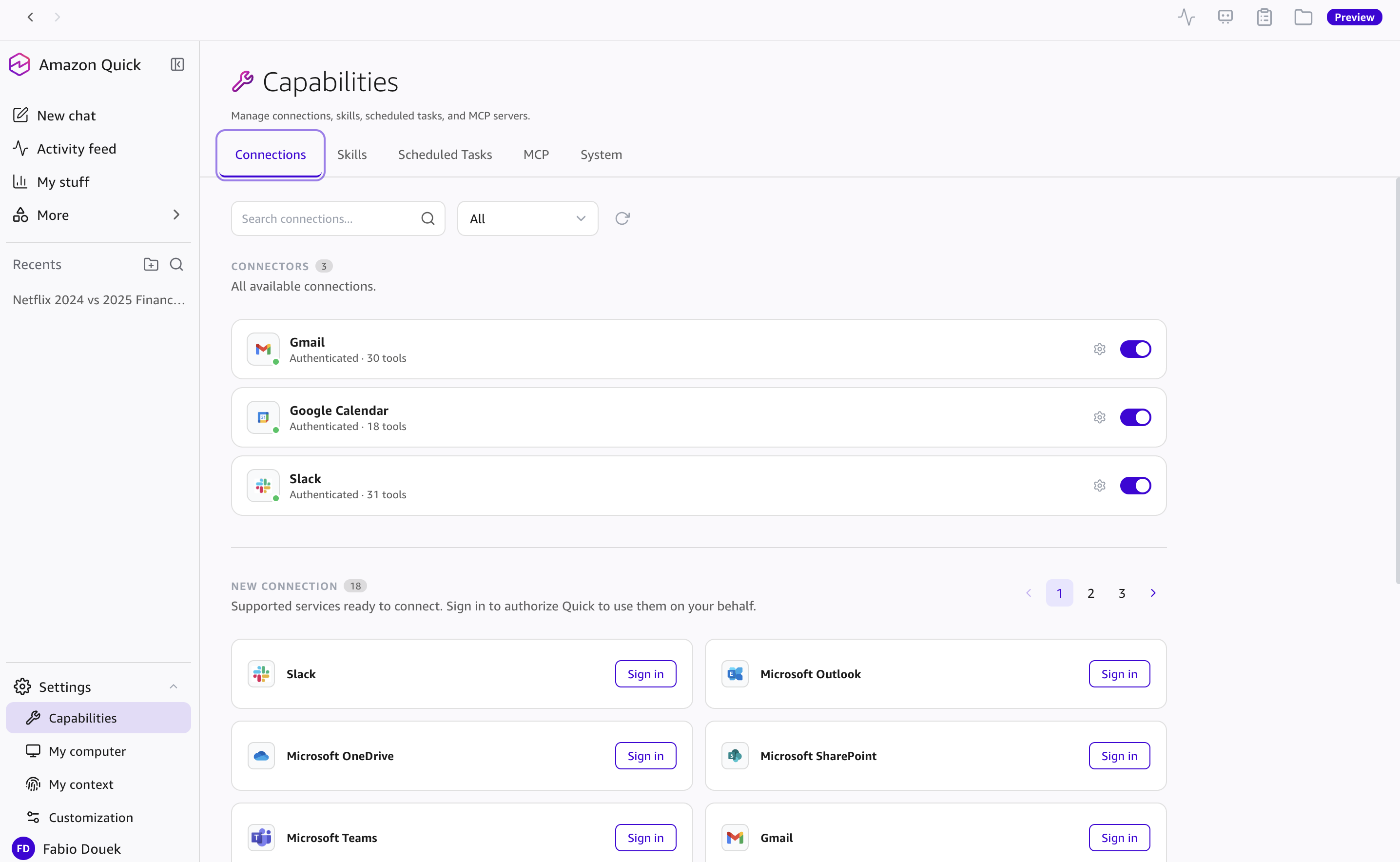 Connections tab with per-connector tool counts