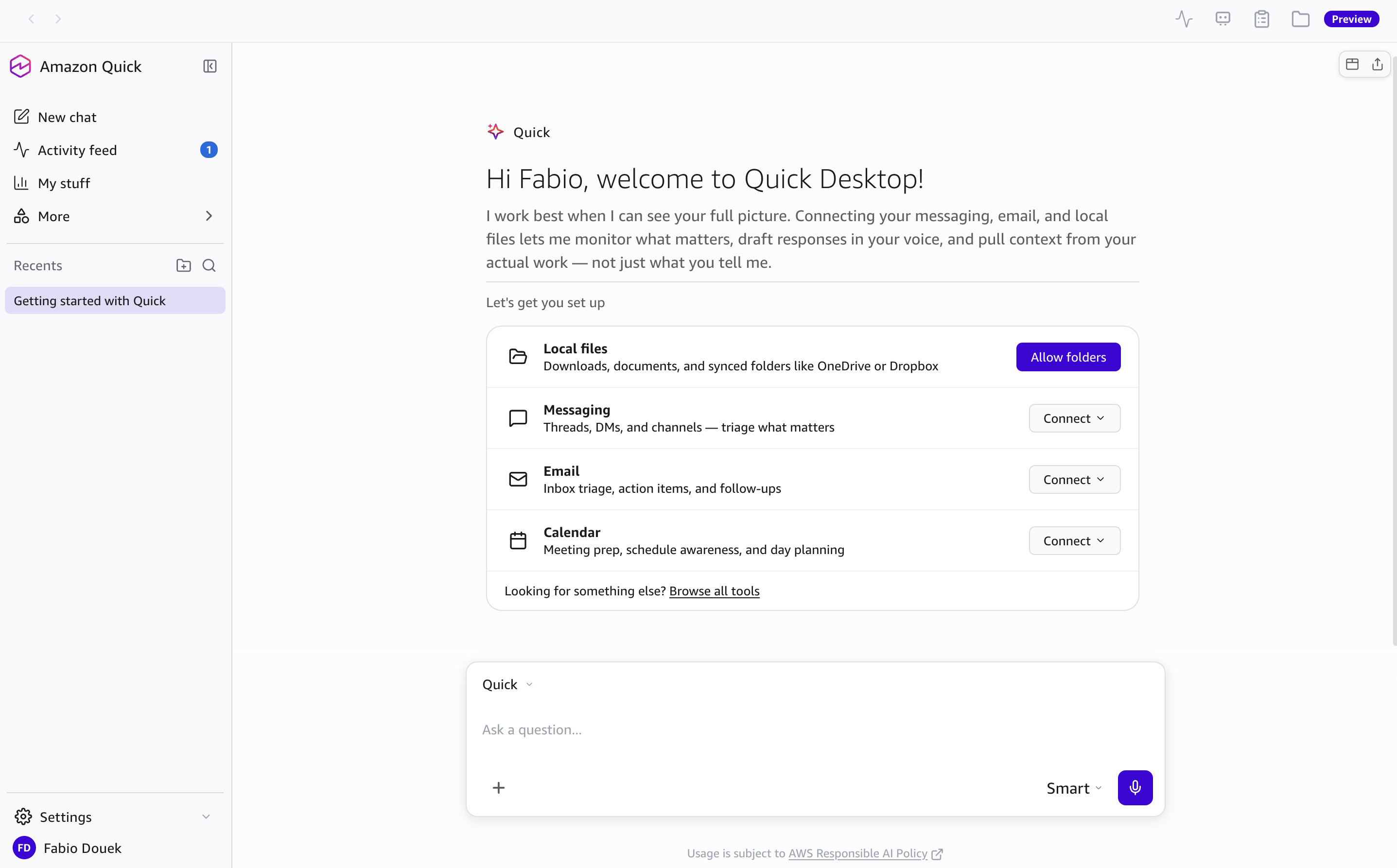 Quick Desktop onboarding integrations