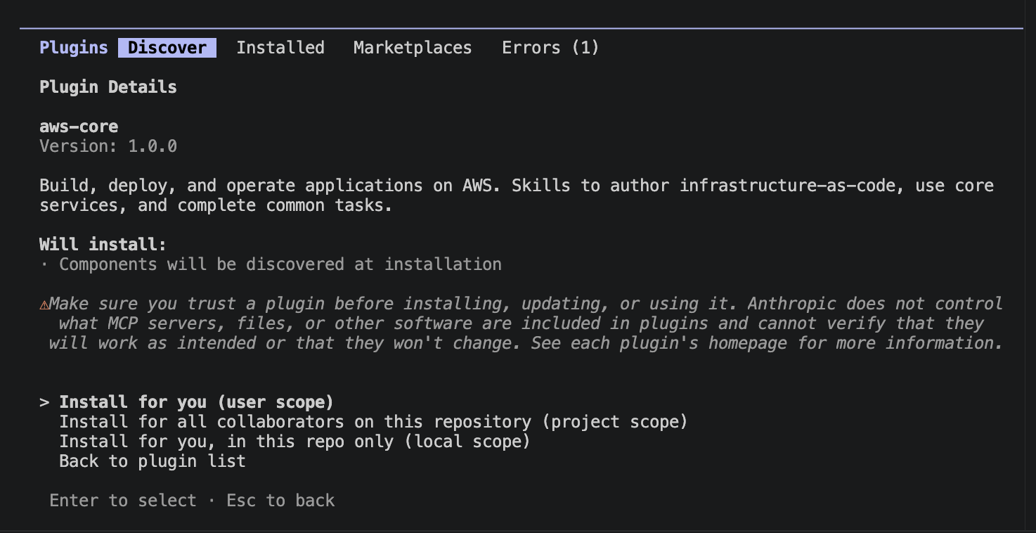 Claude Code's /plugin Discover view showing aws-core v1.0.0 from the agent-toolkit-for-aws marketplace, with the install-scope picker (user / project / local) open