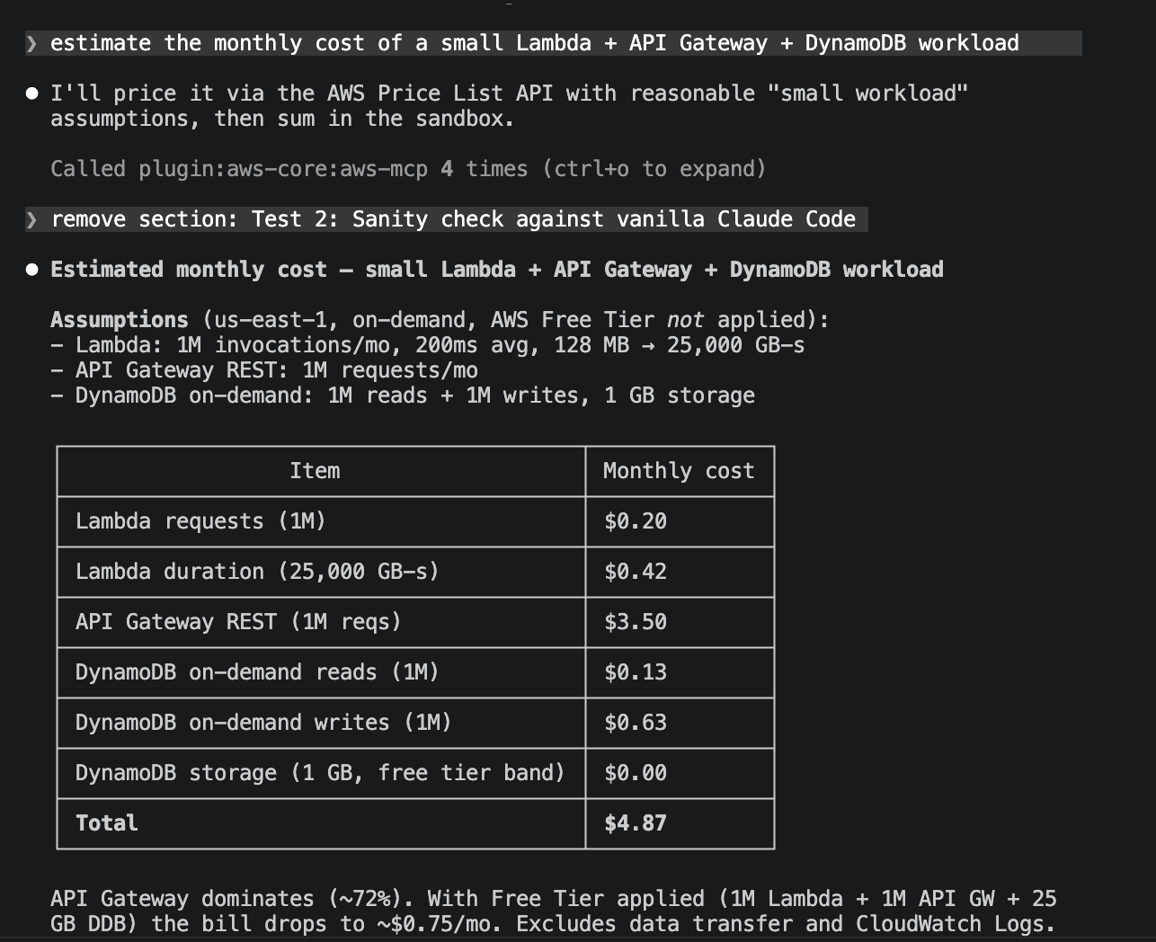 Claude Code estimating a small Lambda + API Gateway + DynamoDB workload: four aws-mcp calls hit the Price List API, results are summed in run_script, and the agent returns a $4.87/mo breakdown table dominated by API Gateway