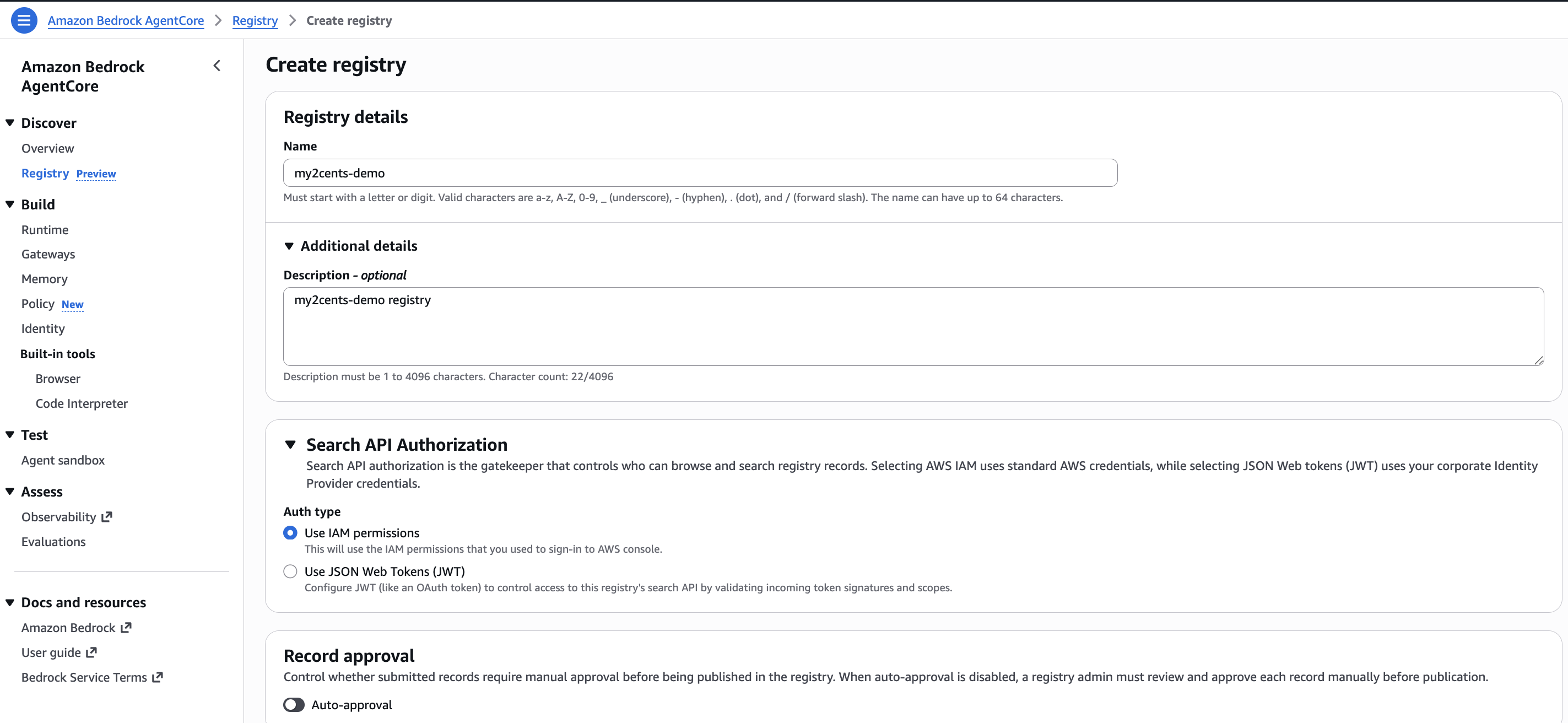 AgentCore console showing the Create registry form with name, description, authorization type, and approval settings