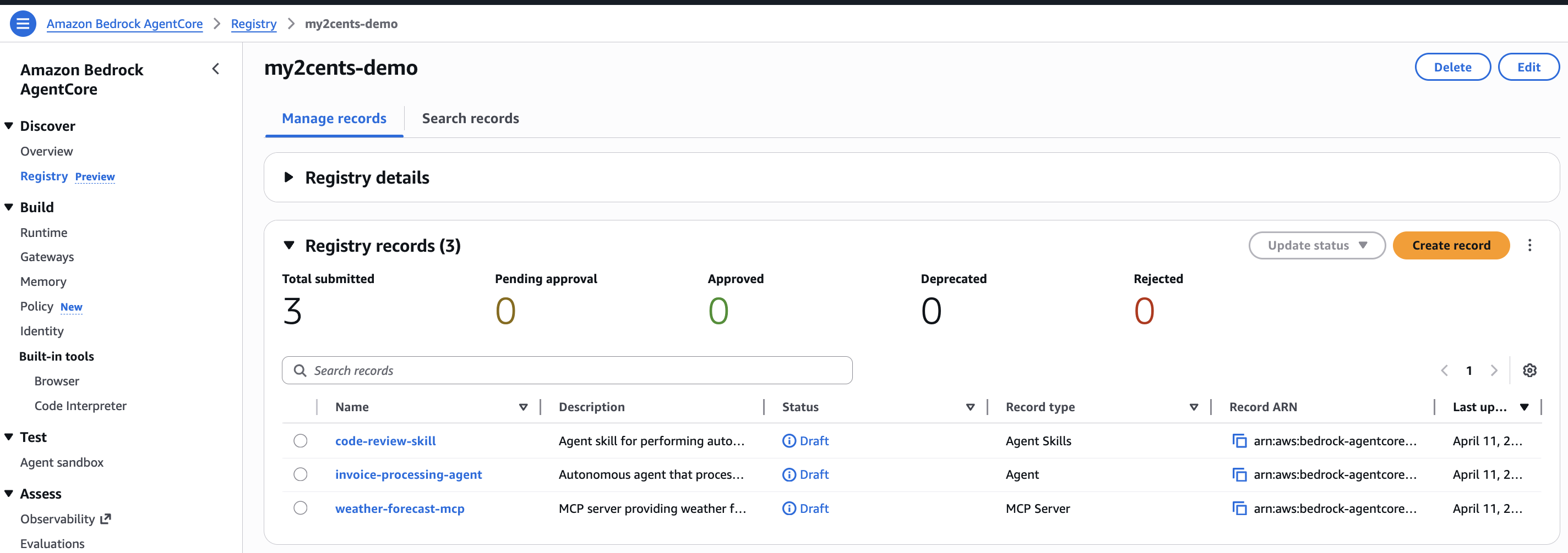 AgentCore console showing the three registered records in DRAFT status