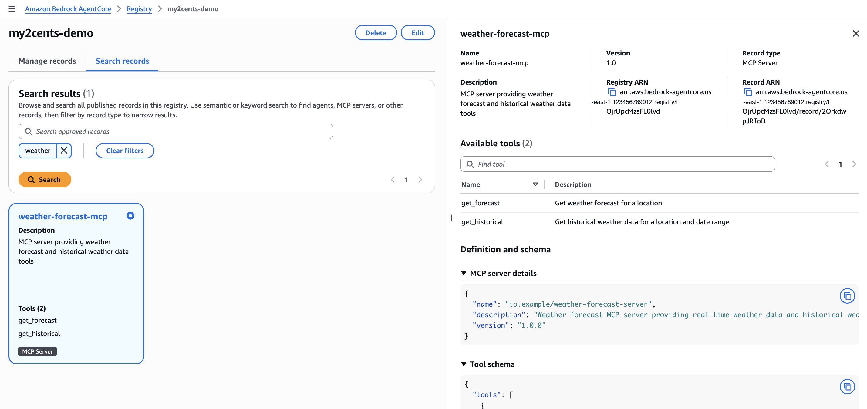 AgentCore console showing search results for "weather" with the weather-forecast-mcp record selected, displaying its tools and MCP server schema