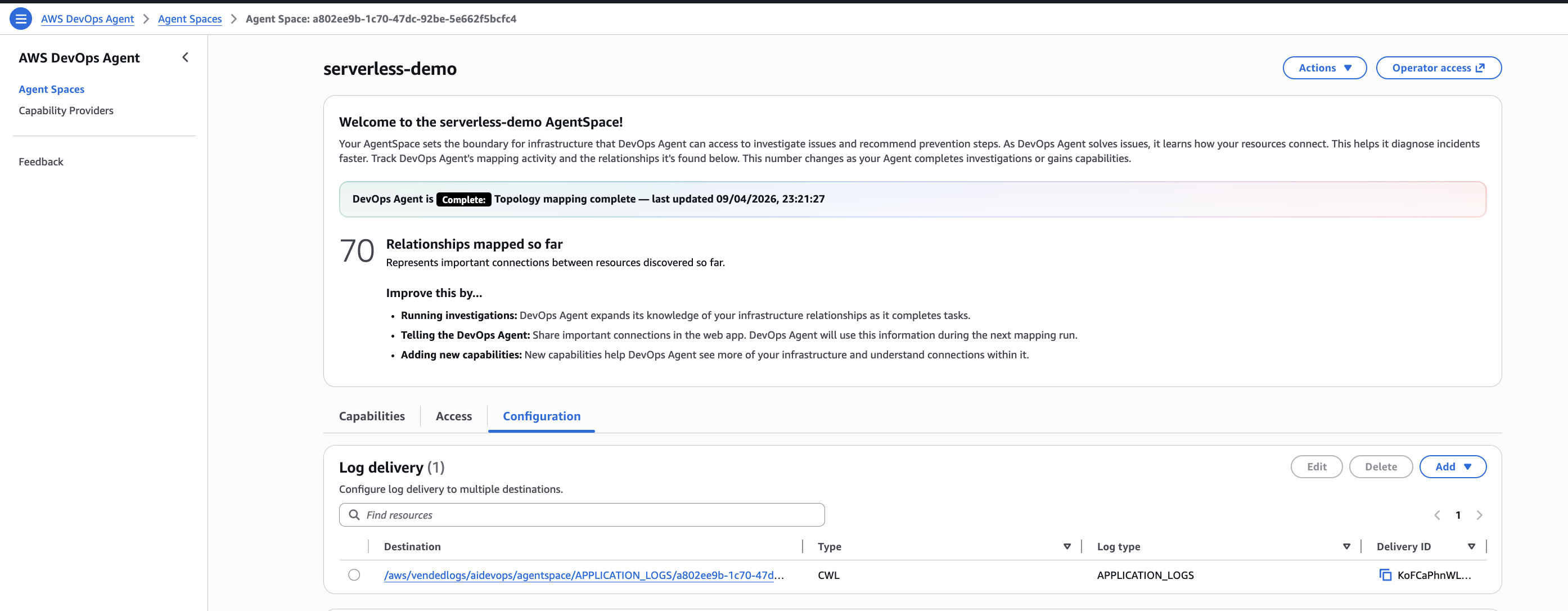 Agent Space dashboard showing topology mapping complete with 70 relationships discovered, and the Configuration tab with log delivery settings