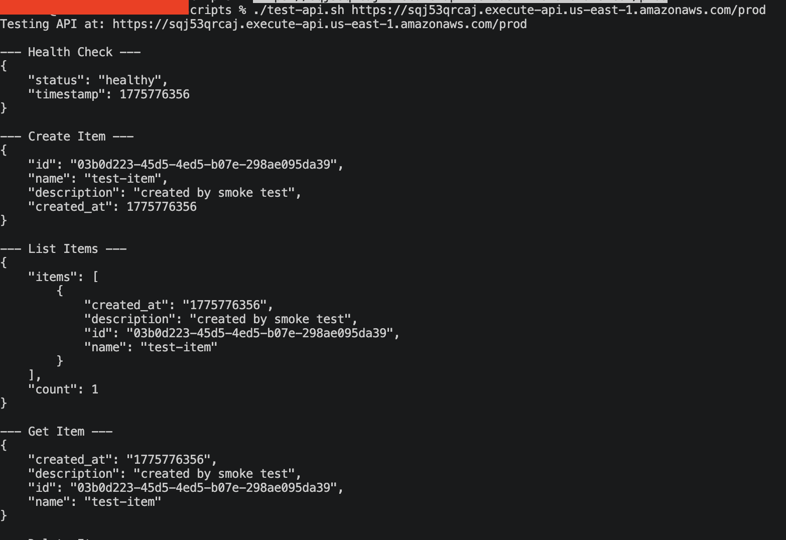 Terminal showing the API test script with successful health check, create, list, and get operations
