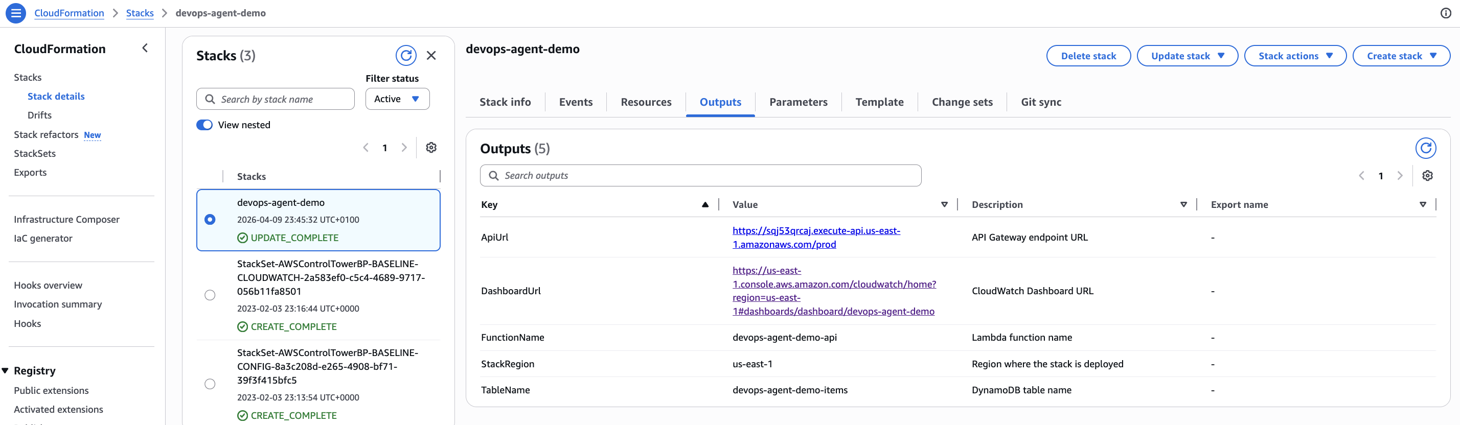 CloudFormation console showing the stack creation complete with outputs