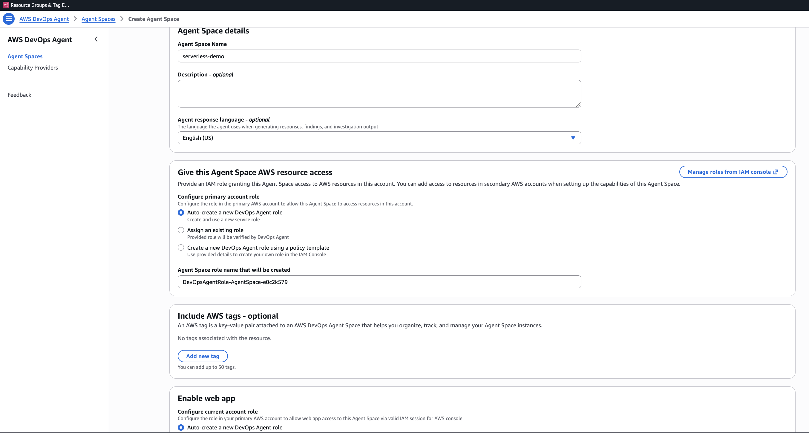 Agent Space creation page showing name, description, IAM role auto-creation, tags, and web app configuration