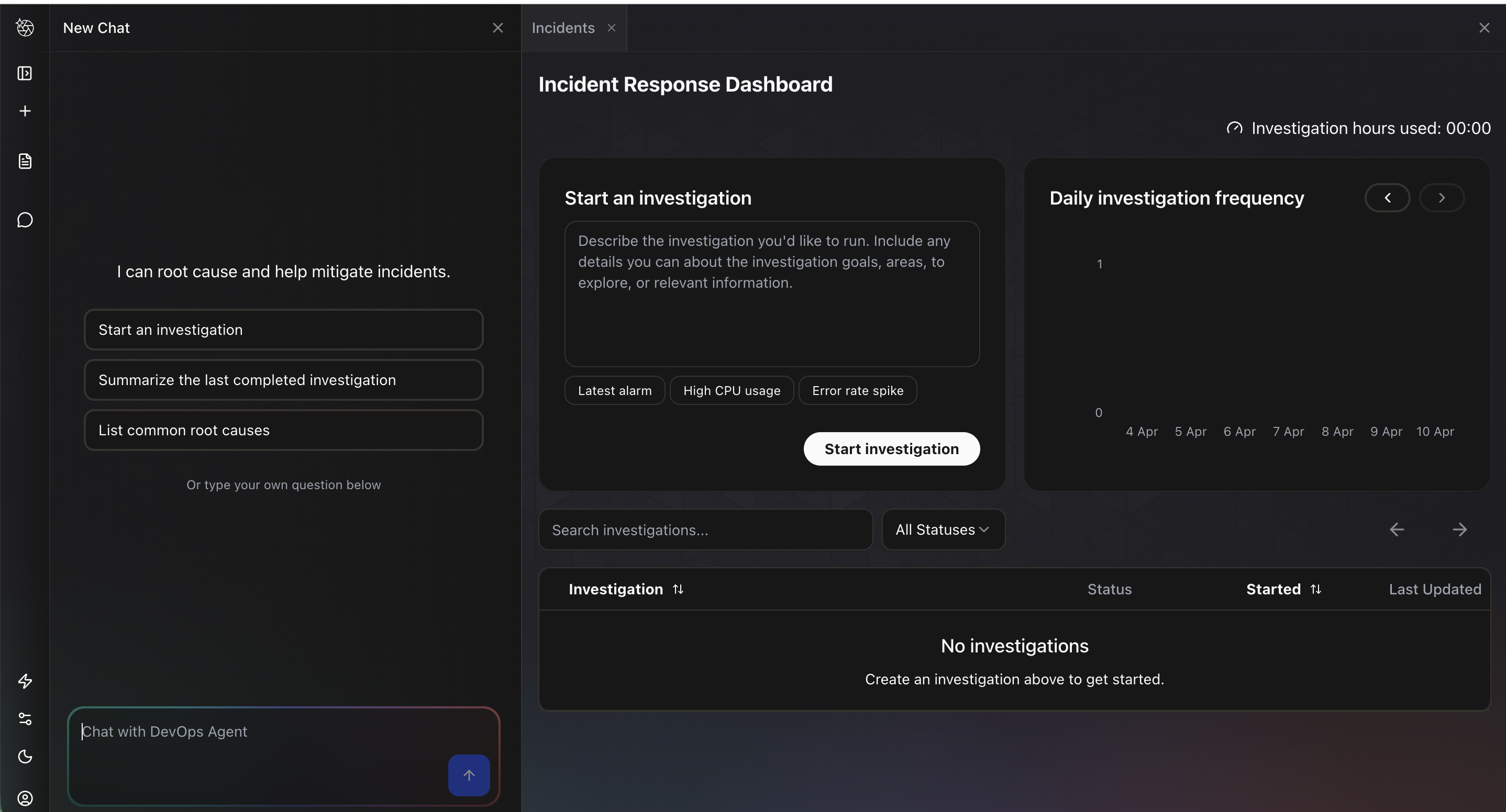 DevOps Agent Incident Response Dashboard with chat panel, investigation form, and investigation history