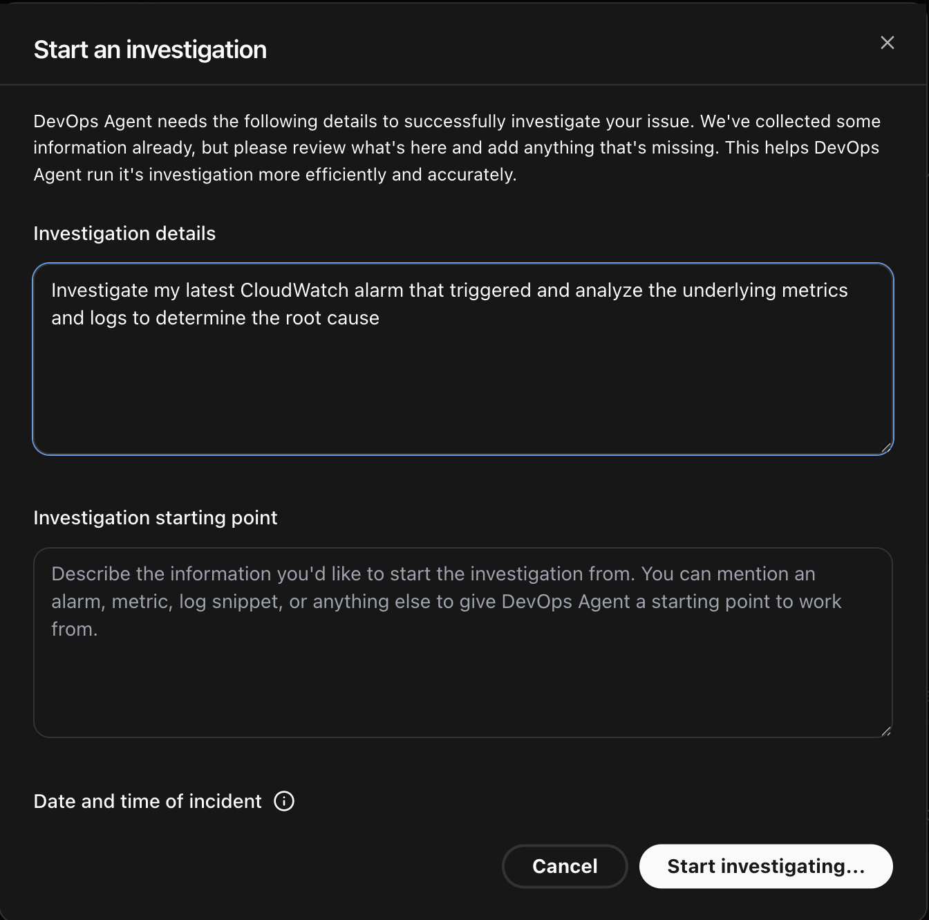 Start an investigation dialog with investigation details and starting point fields