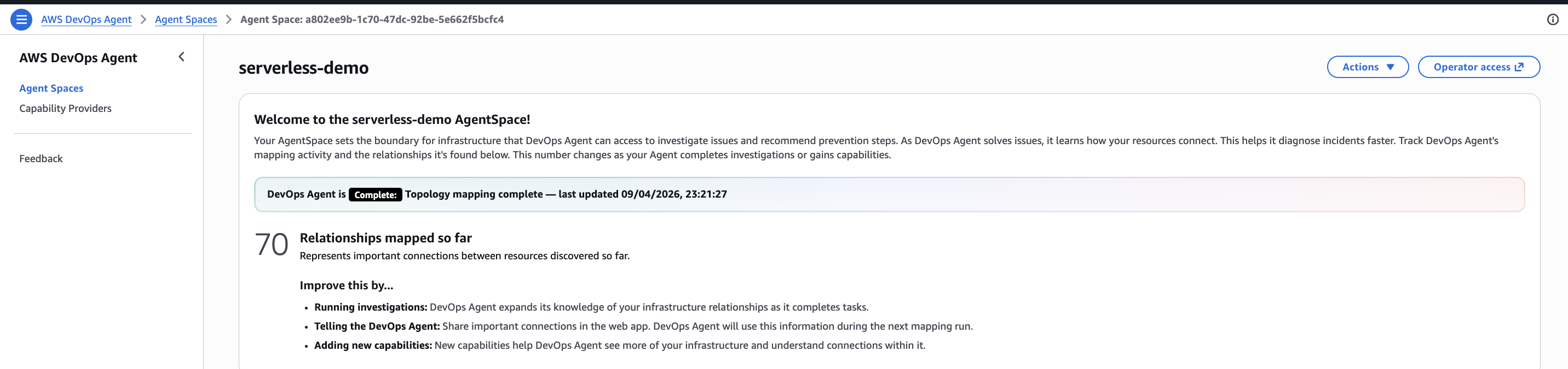 Agent Space dashboard showing the Operator access button in the top right corner