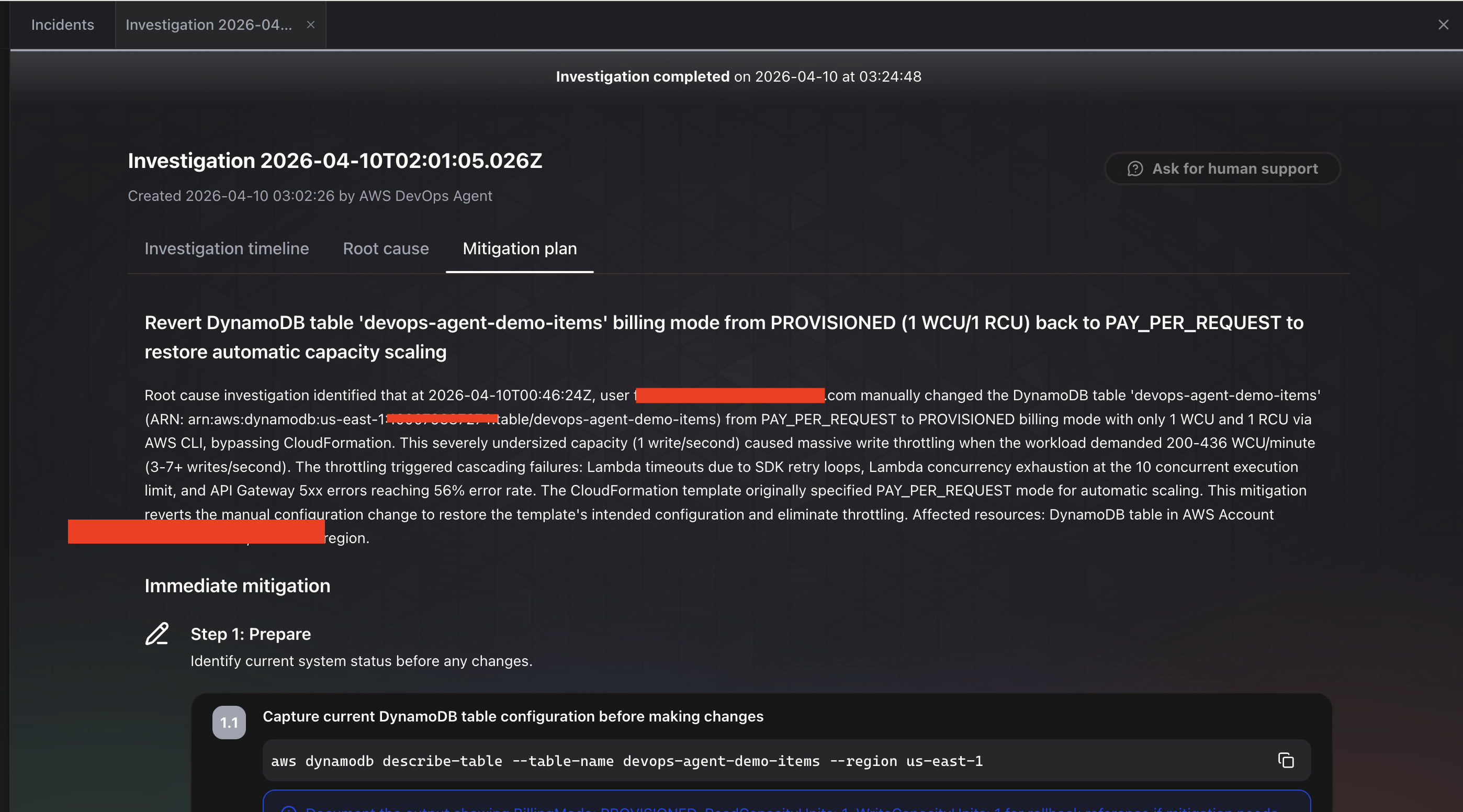 DevOps Agent mitigation plan with step-by-step remediation and CLI commands