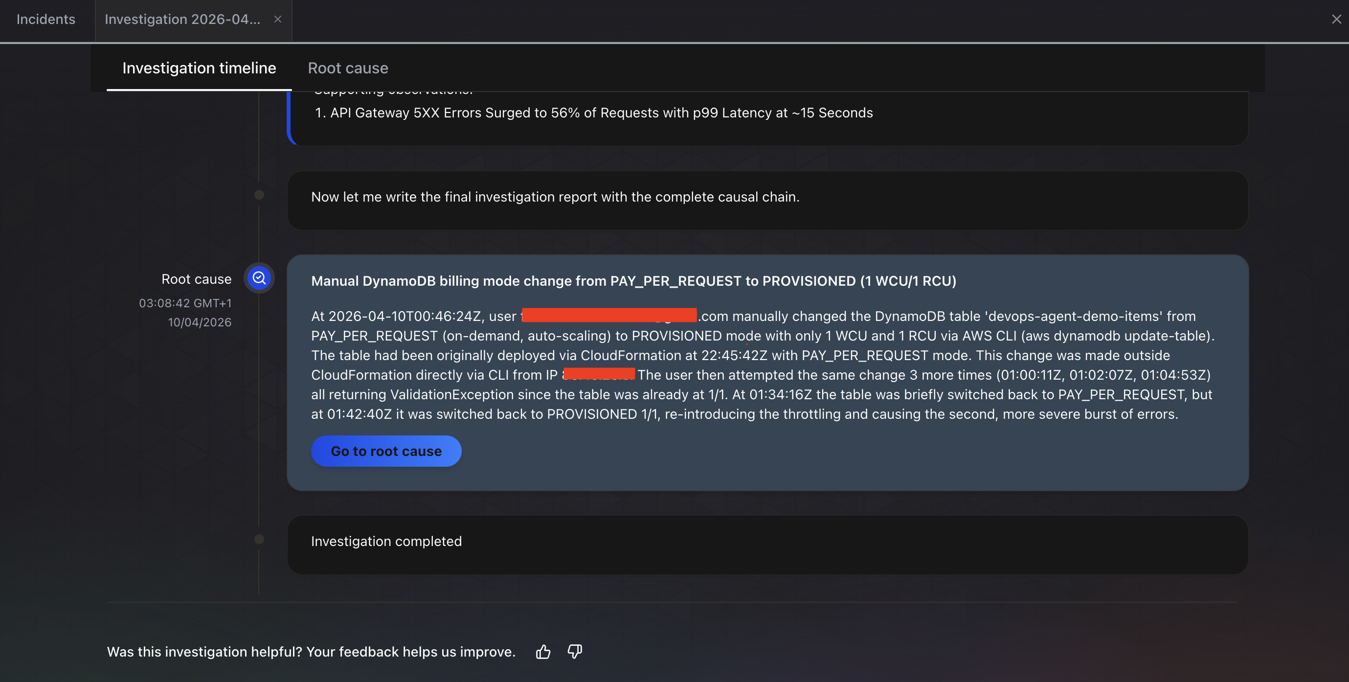 DevOps Agent root cause showing the manual DynamoDB billing mode change identified as the cause