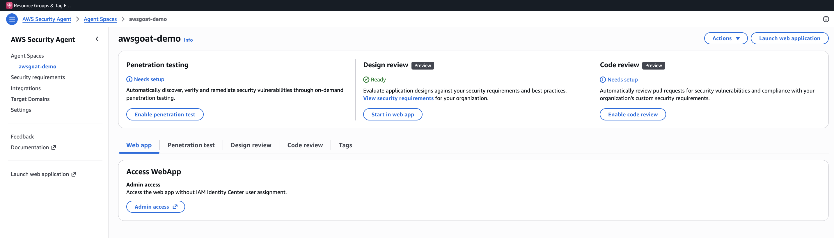 Agent Space home in the Security Agent web application, showing the AWSGoat test configurations