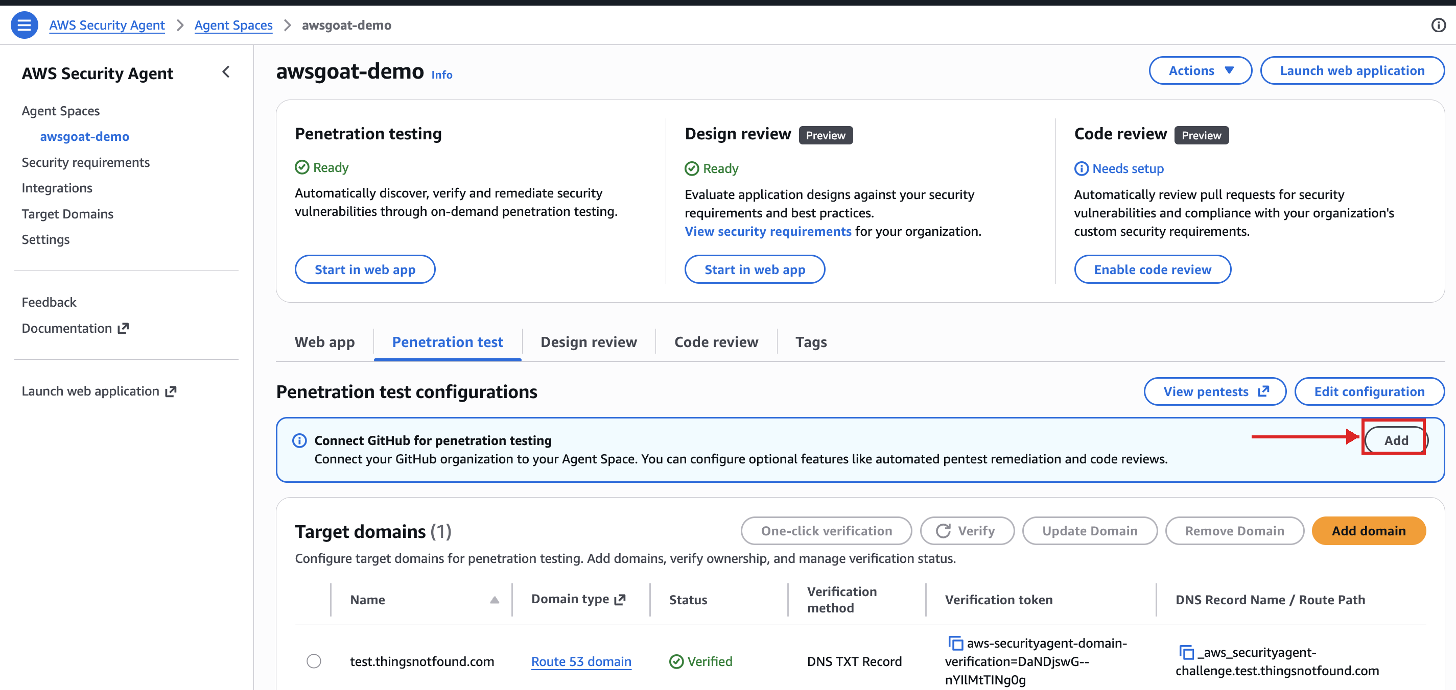 AWS Security Agent pentest configuration for the Agent Space, showing the GitHub repositories panel with the 'Add' button that must be clicked to attach a repo after the GitHub App is authorized