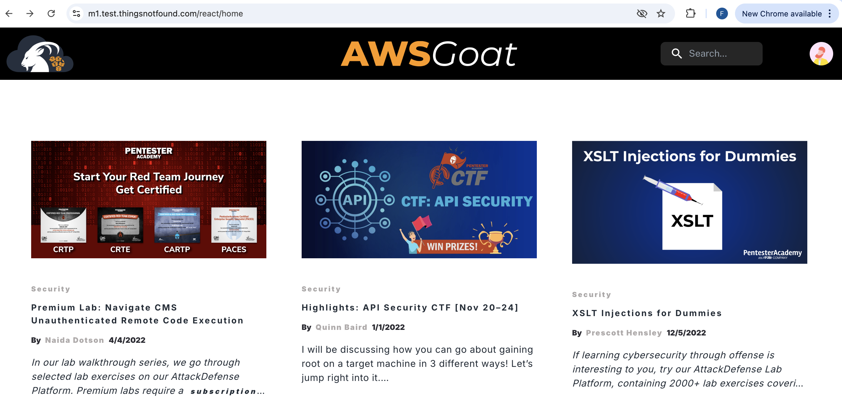 AWSGoat Module 1 serverless blog app loaded at the custom domain URL, showing the React landing page