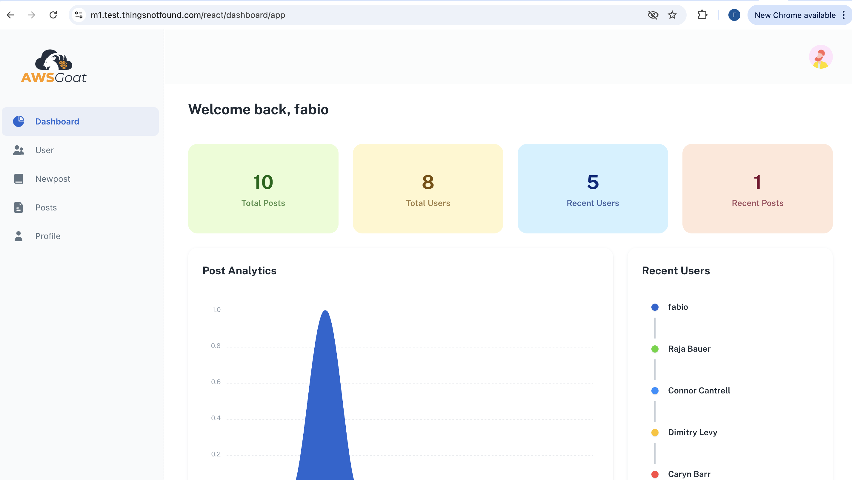 AWSGoat Module 1 serverless dashboard after logging in, showing the authenticated view that Security Agent will exercise during the pentest