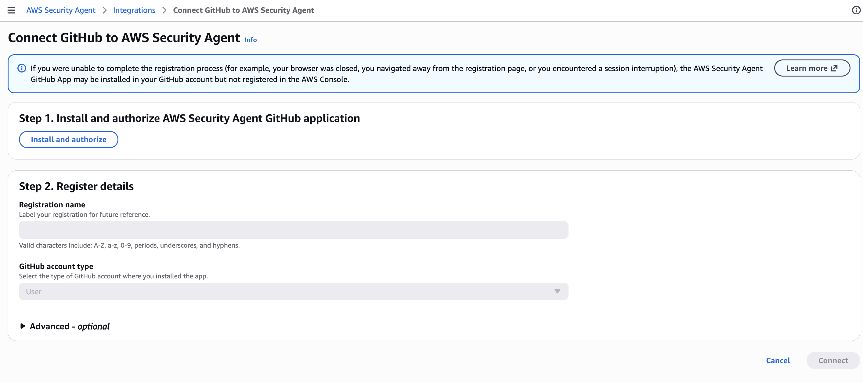 AWS Security Agent 'Configure GitHub' screen, showing the GitHub App installation and the repository and branch picked as source-code context for the pentest