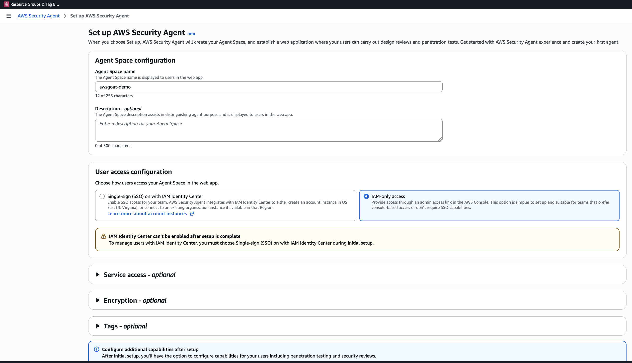 Creating the awsgoat-demo Agent Space in the AWS Security Agent console