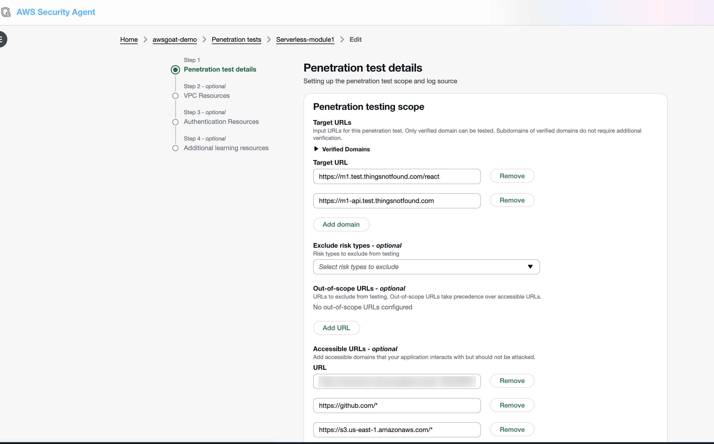 AWS Security Agent 'Create penetration test' Step 1 (Penetration test details) for the Serverless-module1 run, with Target URL set to the verified custom domain in front of AWSGoat Module 1