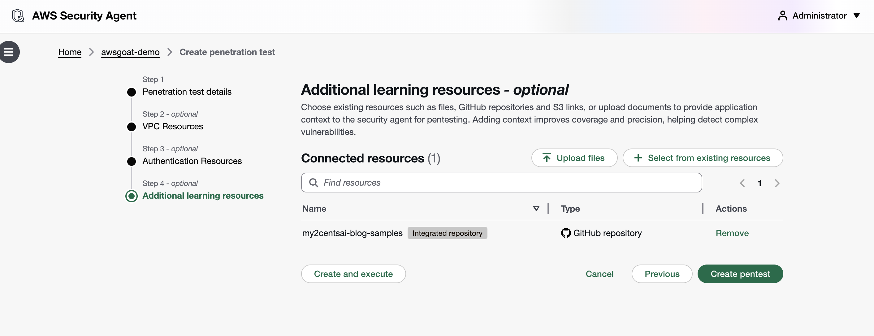 AWS Security Agent 'Create penetration test' Step 4 (Additional learning resources) showing the integrated GitHub repository 'my2centsai-blog-samples' attached as the source-code context, with 'Create pentest' and 'Create and execute' options at the bottom of the form