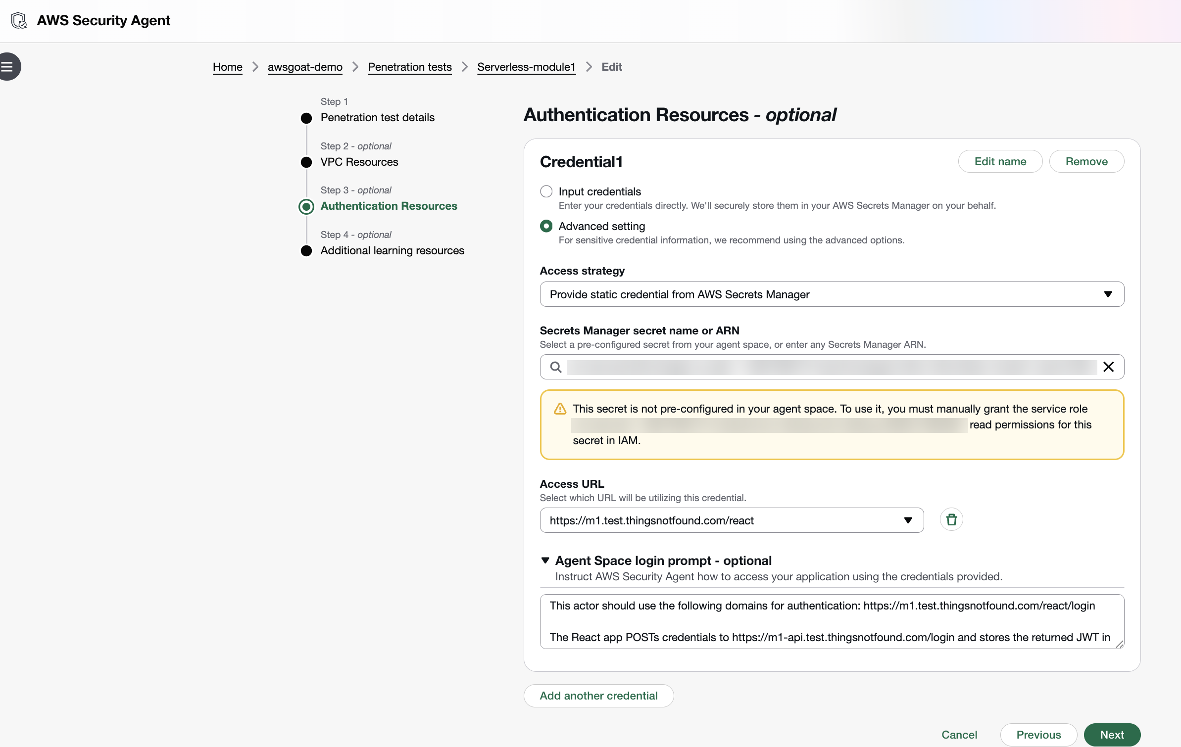 AWS Security Agent 'Create penetration test' Step 3 (Authentication Resources) with a single 'Credential1' actor configured via Input credentials, Access URL pointing at the Module 1 login route, and the inline IAM policy statement granting secretsmanager:GetSecretValue on the auto-created Secrets Manager entry