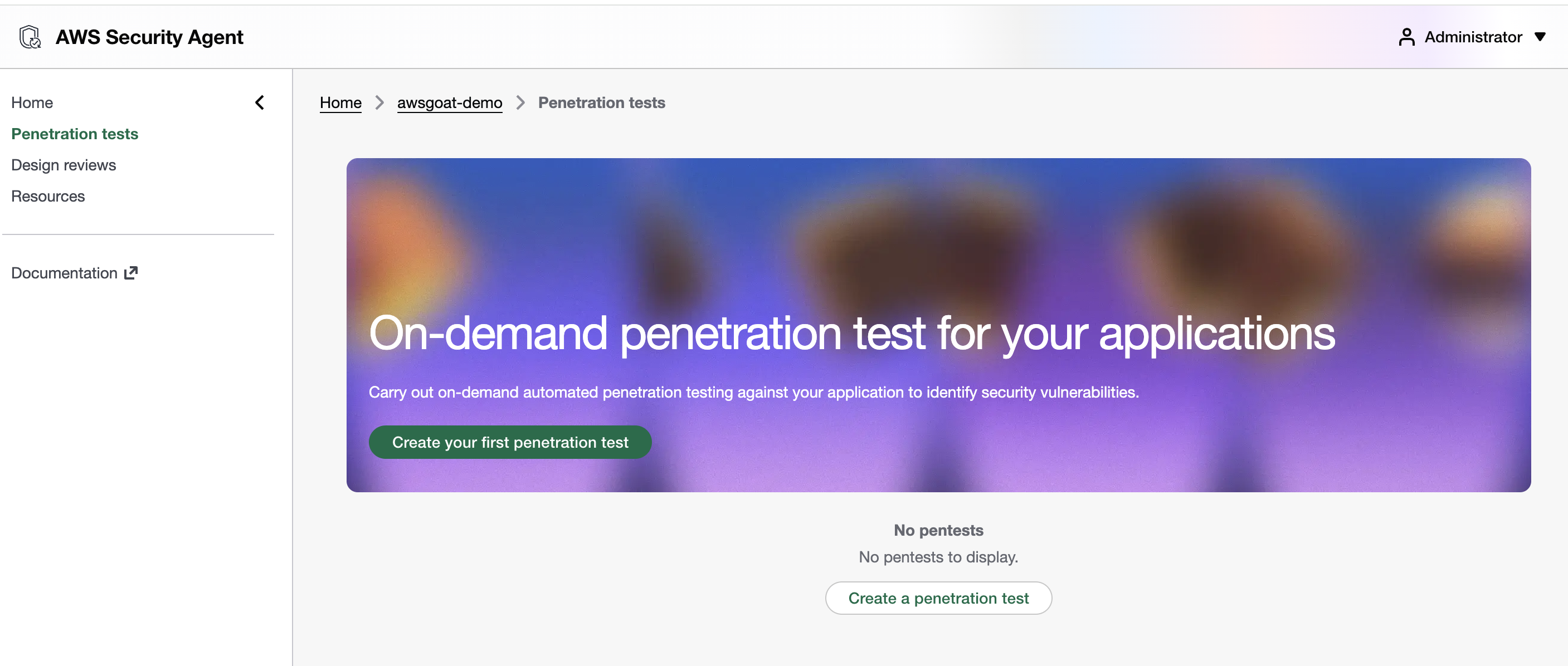 AWS Security Agent web app 'Penetration tests' landing view for the awsgoat-demo Agent Space, showing the empty state with 'Create your first penetration test' and 'Create a penetration test' buttons