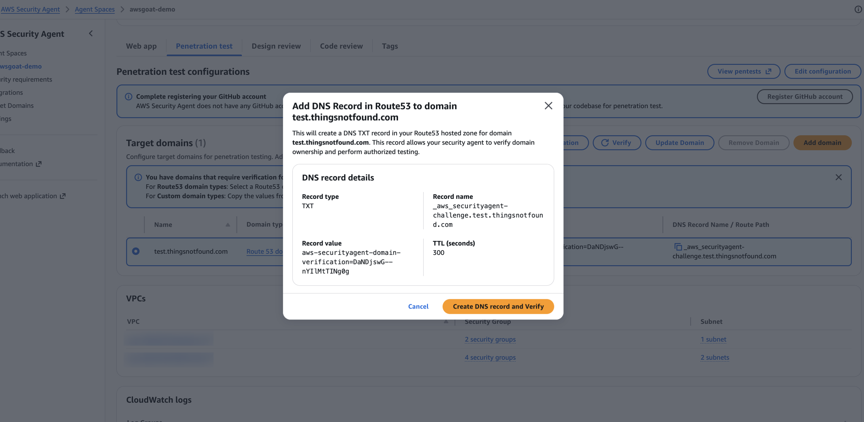 AWS Security Agent domain verification screen, showing 'Verified' status for a domain hosted in Route 53 in the same AWS account, verified in a single click without DNS or HTTP challenges
