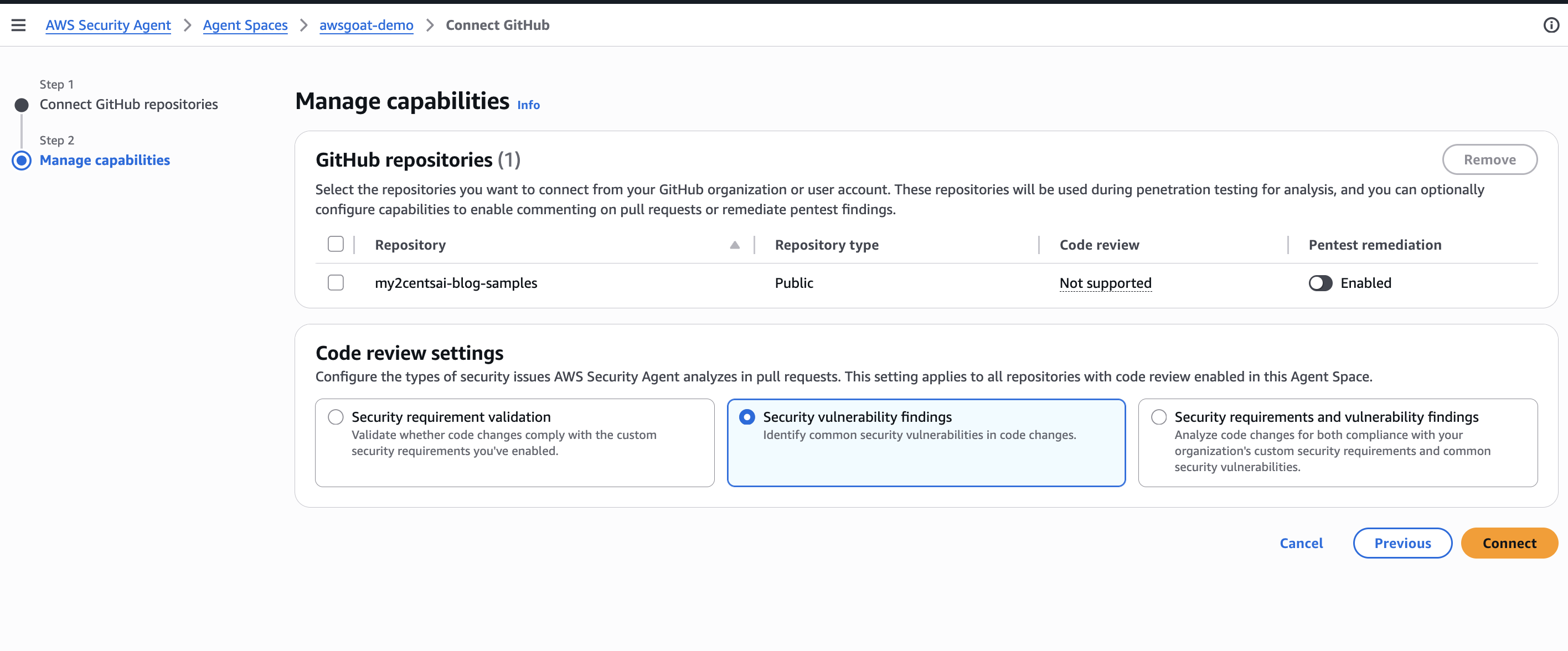 AWS Security Agent 'Manage capabilities' screen (step 2), showing Pentest remediation disabled for my2centsai-blog-samples and the Code review settings set to 'Security vulnerability findings'
