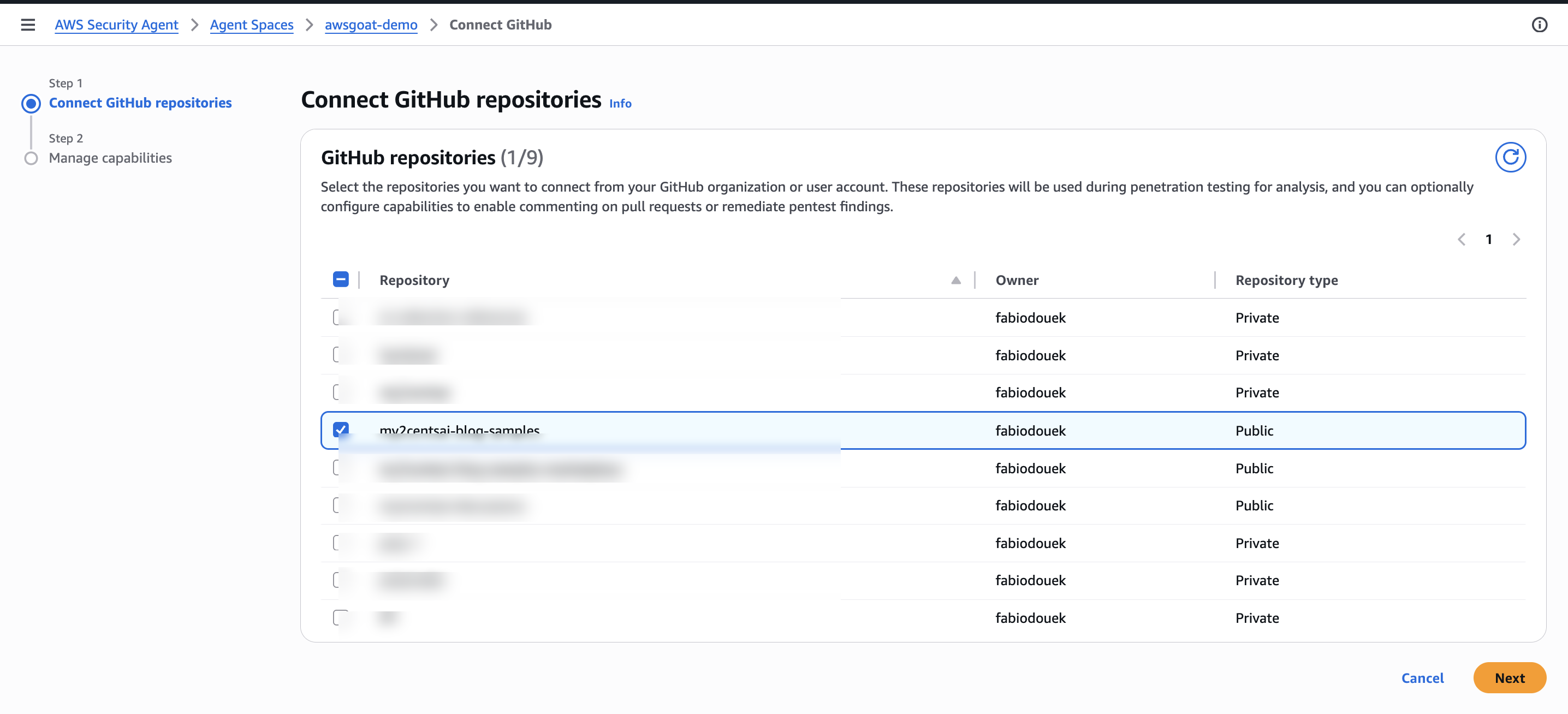 AWS Security Agent 'Connect GitHub repositories' screen (step 1), showing the repository list with 'my2centsai-blog-samples' selected as the source-code context for the pentest