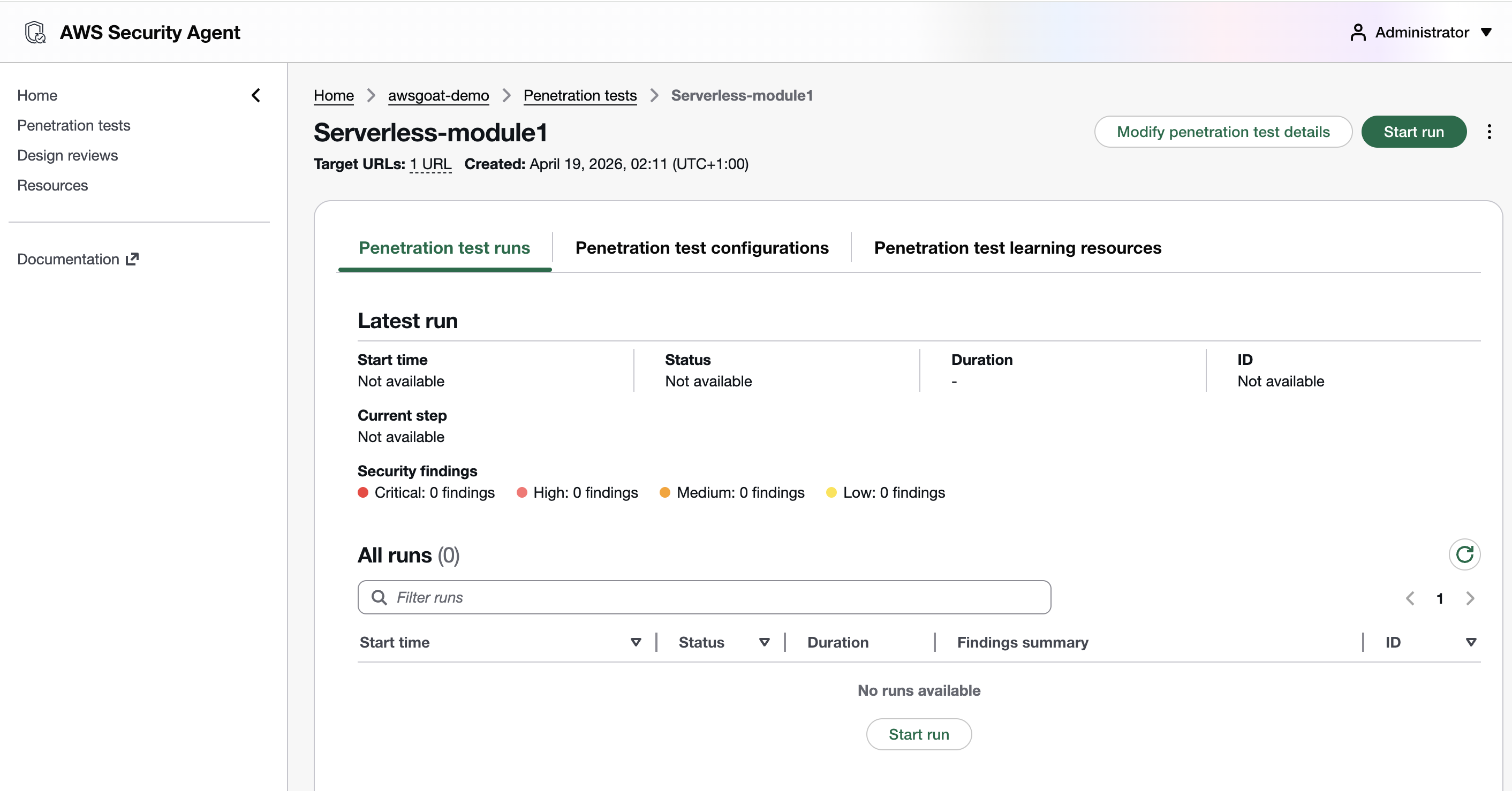AWS Security Agent pentest detail page for 'Serverless-module1' after saving the configuration, with Latest run and All runs both empty and 'Start run' button top-right ready to launch the pentest