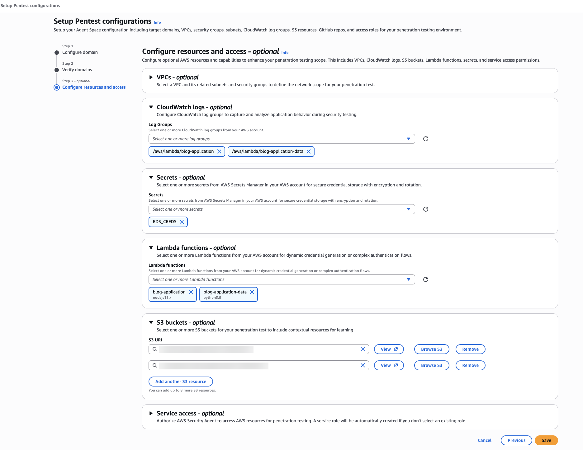 AWS Security Agent 'Configure resources' screen, showing VPCs, subnets, security groups, CloudWatch log groups, S3 buckets, and Lambda functions from AWSGoat selected as in-scope for the pentest