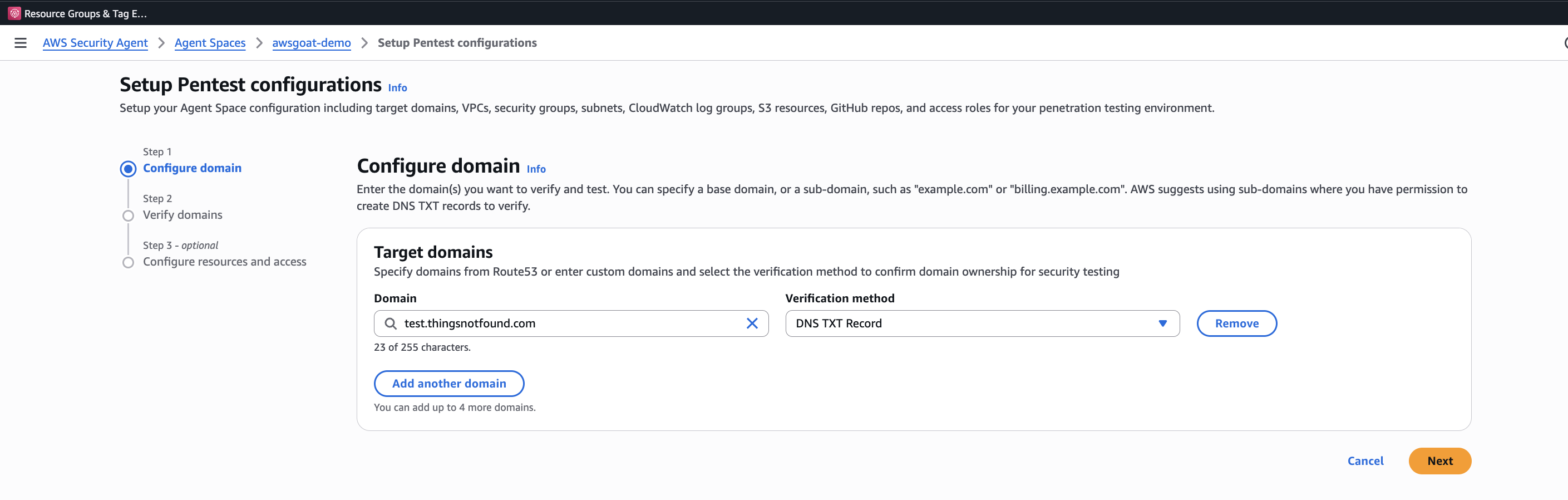 AWS Security Agent 'Set up penetration testing' configuration form, showing the domain, target URL, authentication, application context, and CloudWatch logging fields