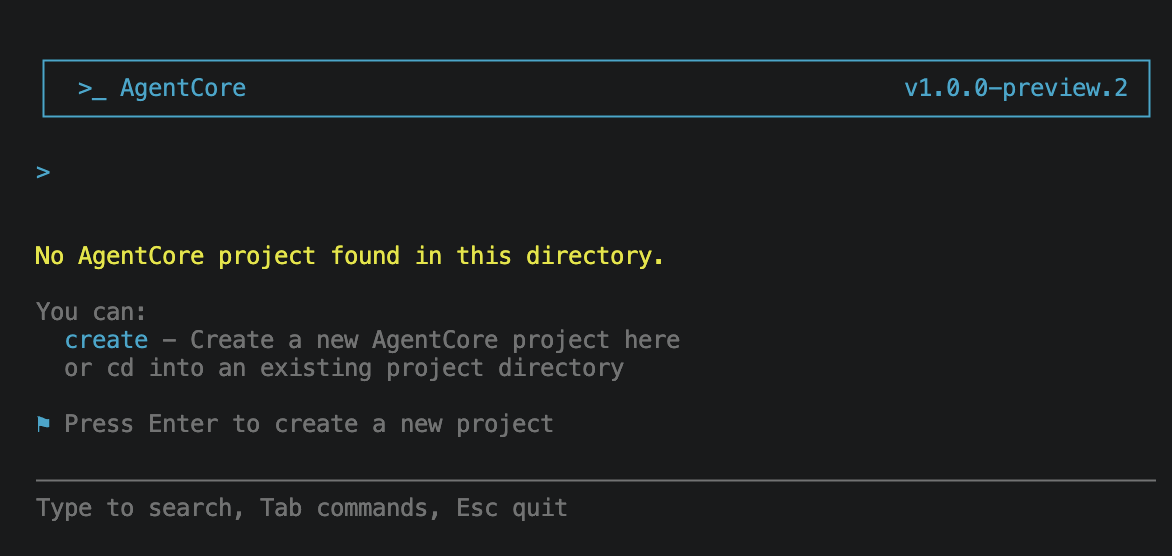 agentcore detects no project and prompts to create