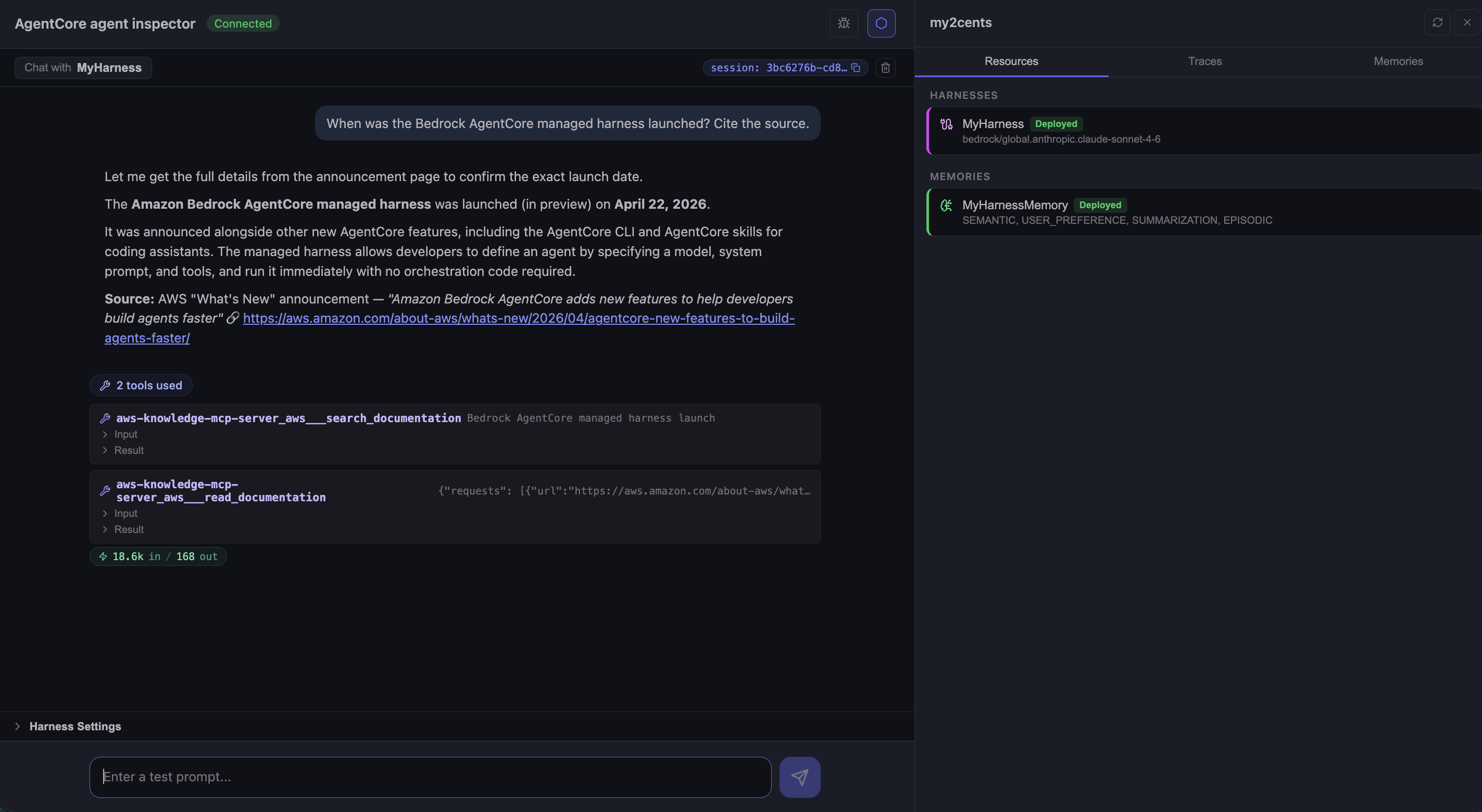 Agent inspector chat UI showing the MCP launch-date question, the agent's response, and the two tool calls (search_documentation and read_documentation)