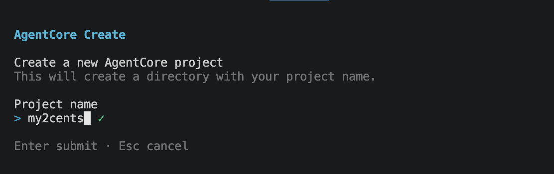 Project name prompt with my2cents typed in