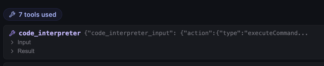 Tool-use panel showing 7 code_interpreter calls with executeCommand actions for the CO2 task
