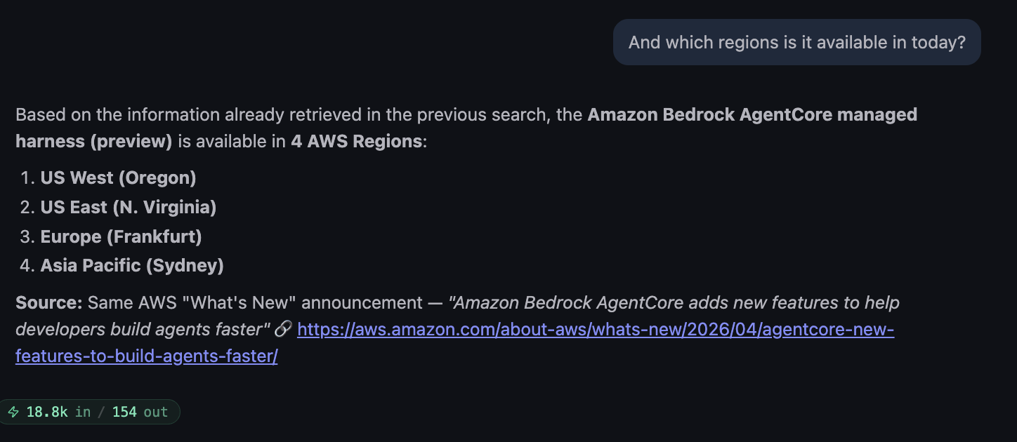 Follow-up turn asking which regions are available, agent responds with US West (Oregon), US East (N. Virginia), Europe (Frankfurt), Asia Pacific (Sydney) using context from the previous search