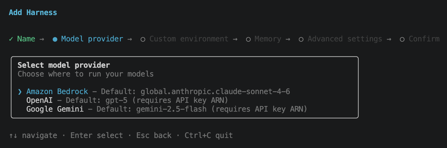 Model provider list with Amazon Bedrock, OpenAI, Google Gemini