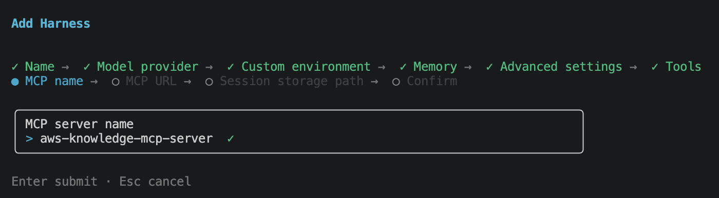 MCP server name prompt, aws-knowledge-mcp-server typed in