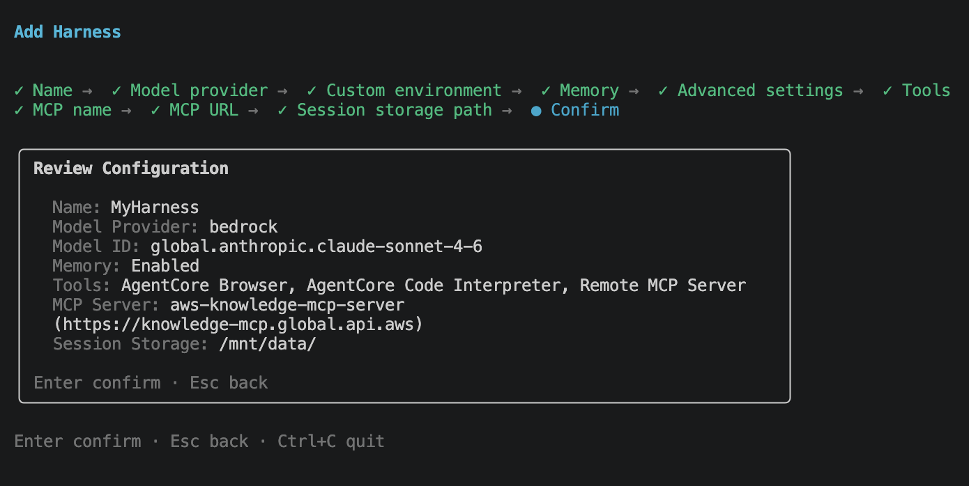 Review configuration screen showing all settings before confirm