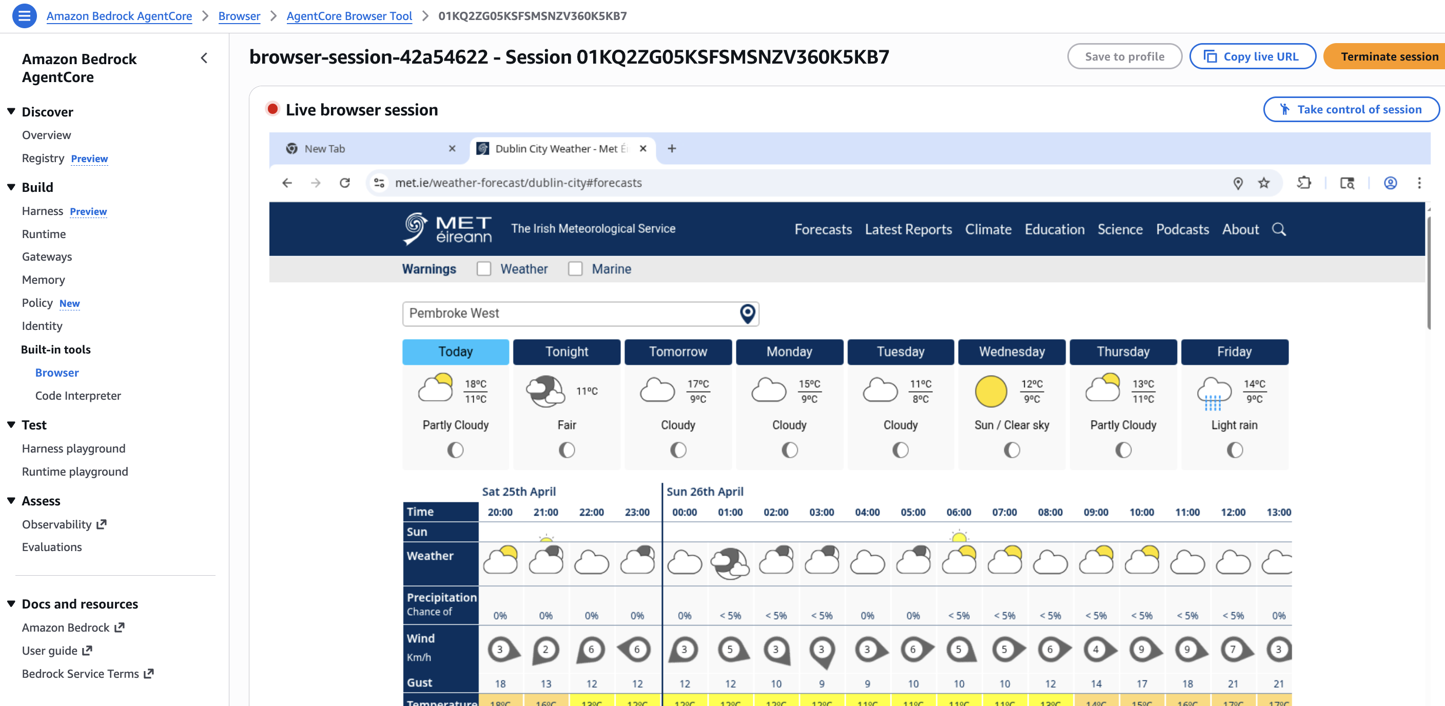 AWS console showing the AgentCore live browser session view, with met.ie loaded and the forecast page visible, plus controls for Copy live URL, Terminate session, and Take control of session