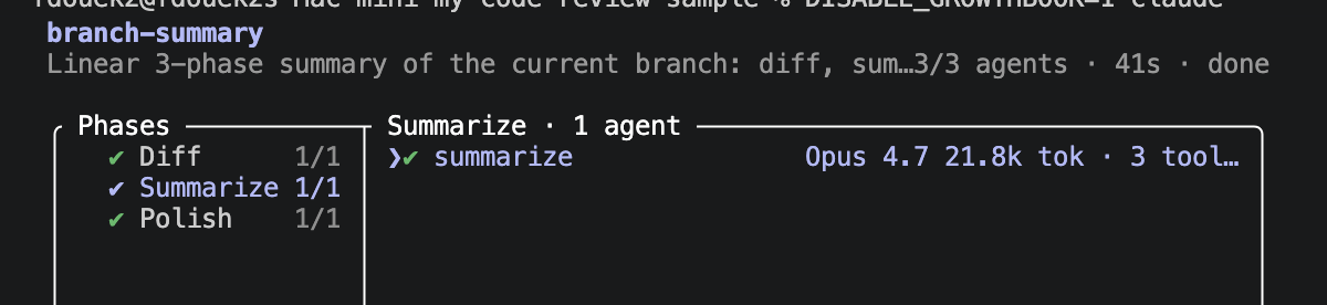 /workflows TUI showing the three phases of the branch-summary run