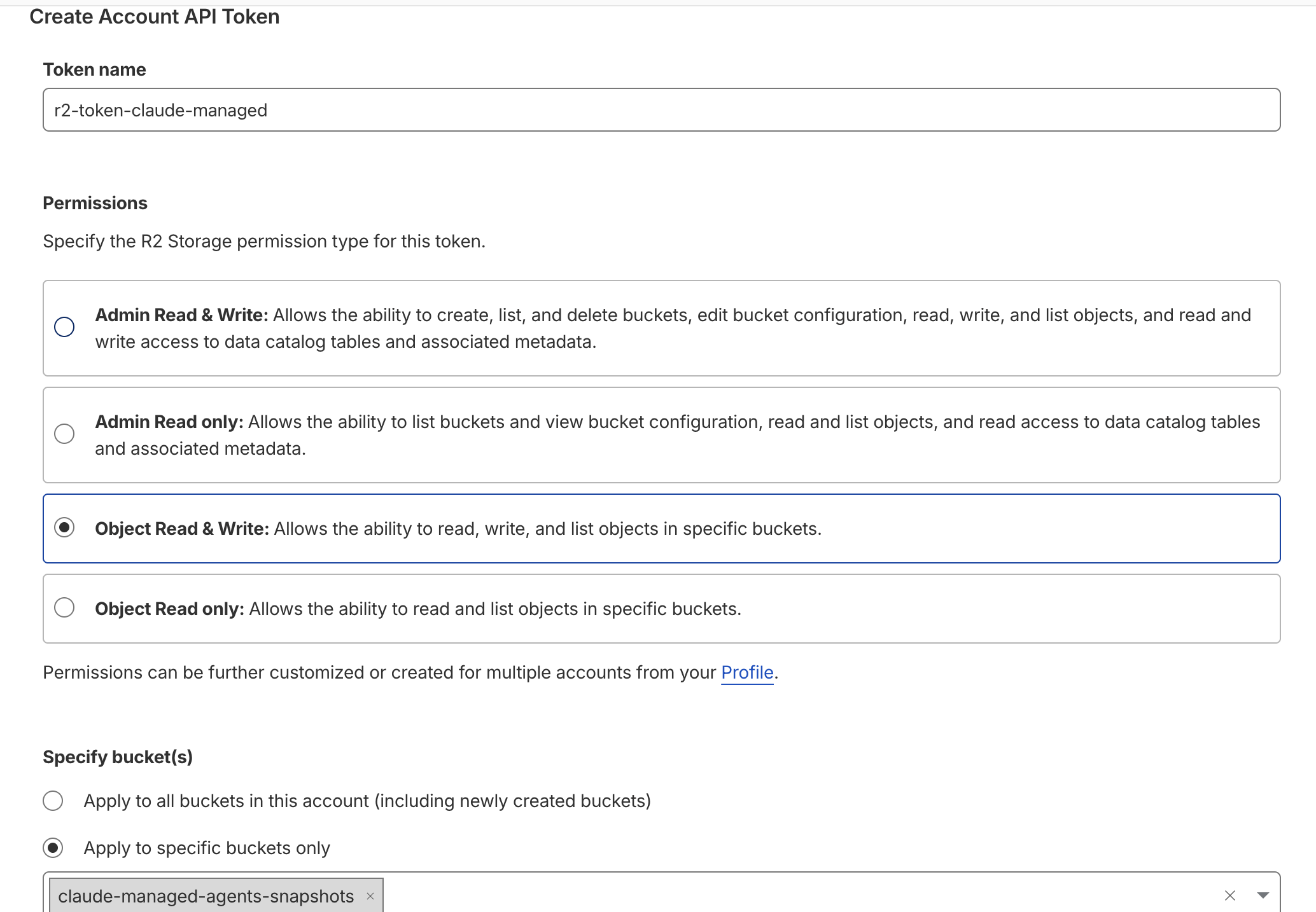 Cloudflare 'Create Account API Token' page with the token name set to r2-token-claude-managed, Object Read & Write permission selected, and the claude-managed-agents-snapshots bucket scoped under 'Apply to specific buckets only'