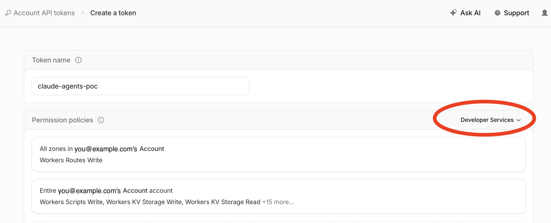 Cloudflare Create a token page with token name claude-agents-poc and the Developer Services permission policy template selected