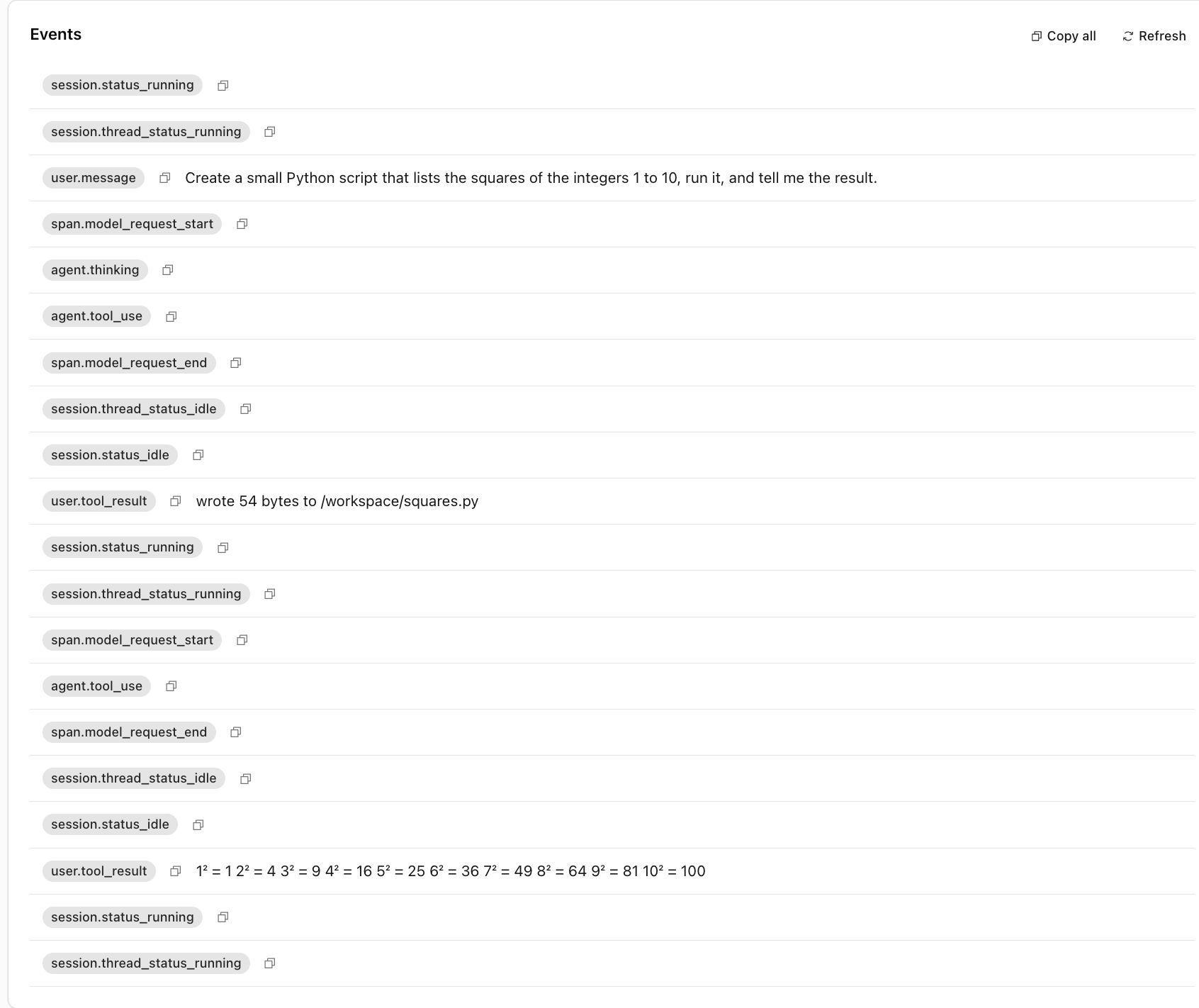Session Events panel in the Cloudflare Claude Agents dashboard showing the full agent loop for Test 1: session.status_running, user.message with the squares prompt, agent.thinking, agent.tool_use (write), user.tool_result confirming '54 bytes to /workspace/squares.py', then agent.tool_use (bash) and user.tool_result with the squares output '1² = 1, 2² = 4, … 10² = 100'