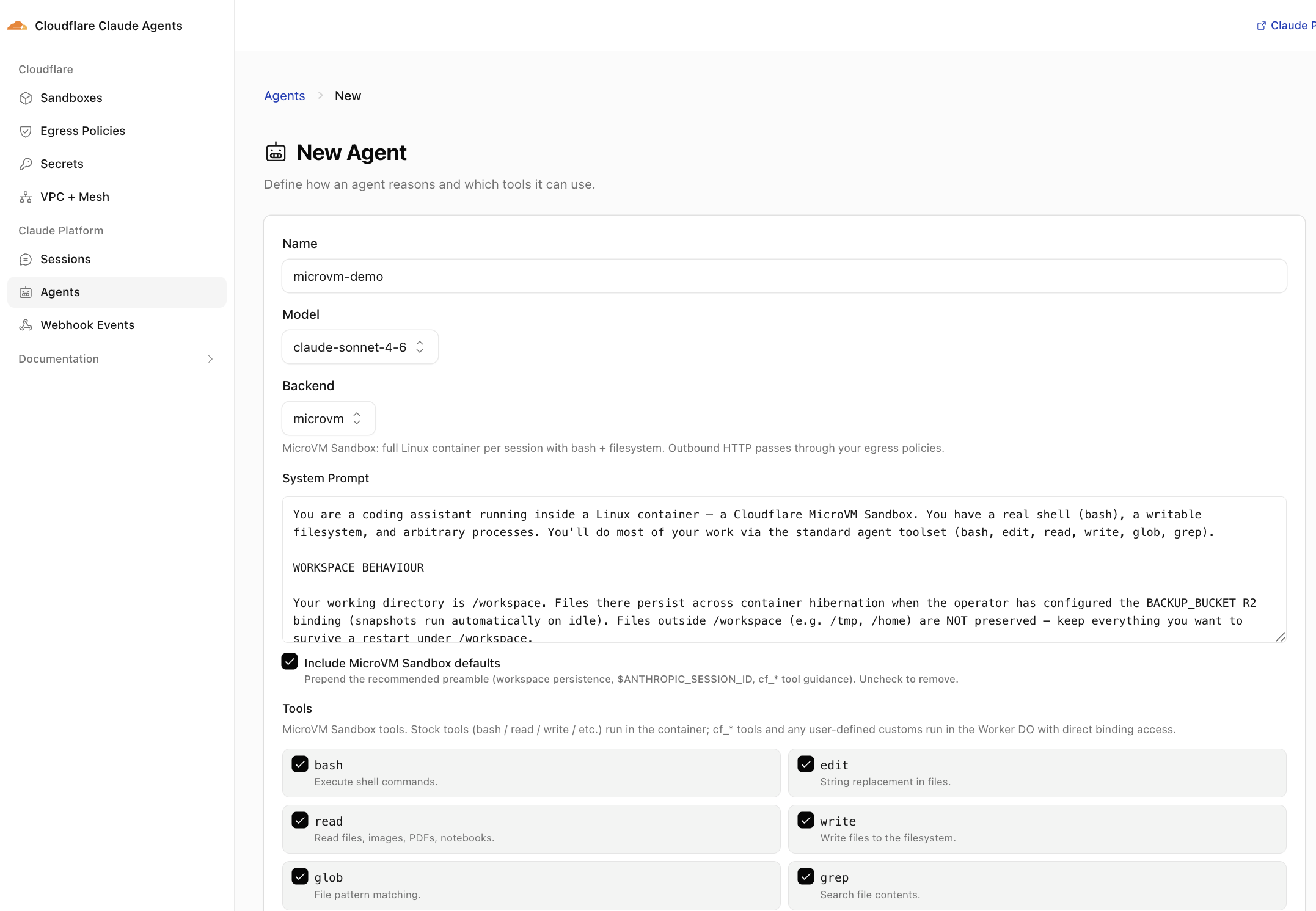 Cloudflare Claude Agents dashboard 'New Agent' form filled out for Test 1: name microvm-demo, model claude-sonnet-4-6, backend microvm, the default MicroVM system prompt pre-filled, 'Include MicroVM Sandbox defaults' checked, and the six default Anthropic tools (bash, edit, read, write, glob, grep) selected.