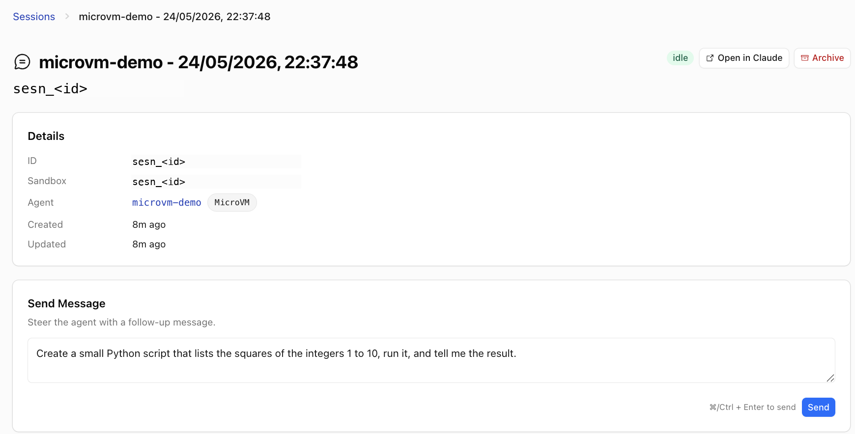 Cloudflare Claude Agents dashboard session view for the microvm-demo agent showing the session details and the squares prompt typed into the 'Send Message' box, ready to send