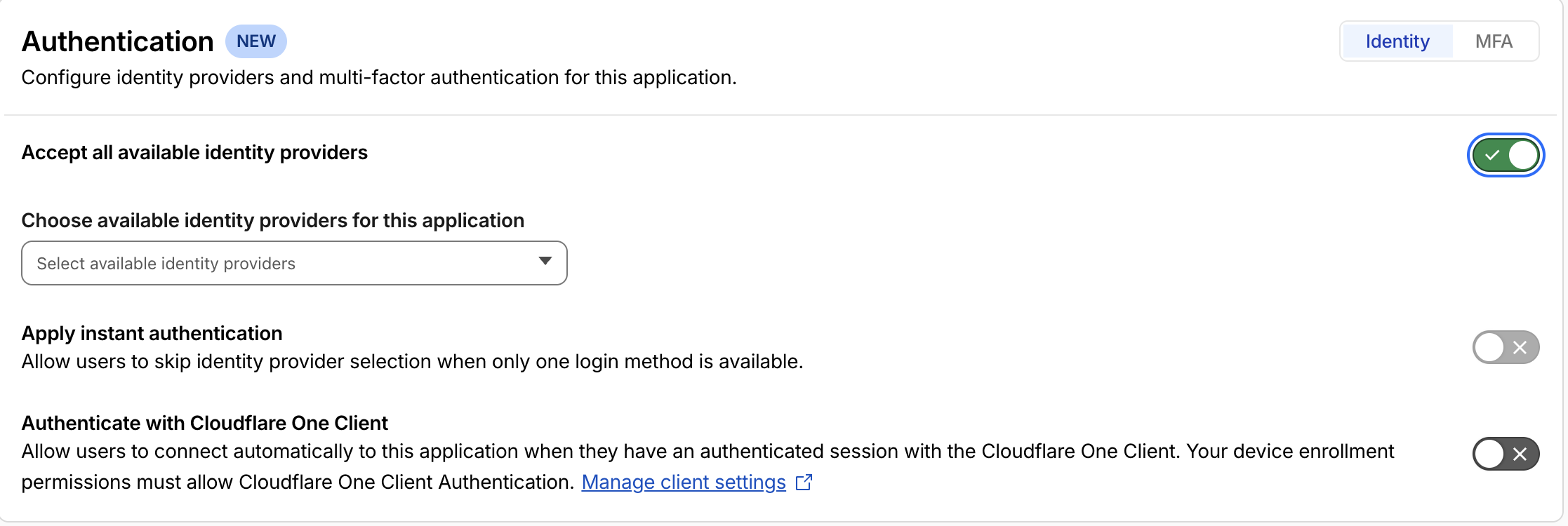 Cloudflare Zero Trust 'Add an application' authentication step with one identity provider ticked and the 'Apply instant authentication' toggle enabled